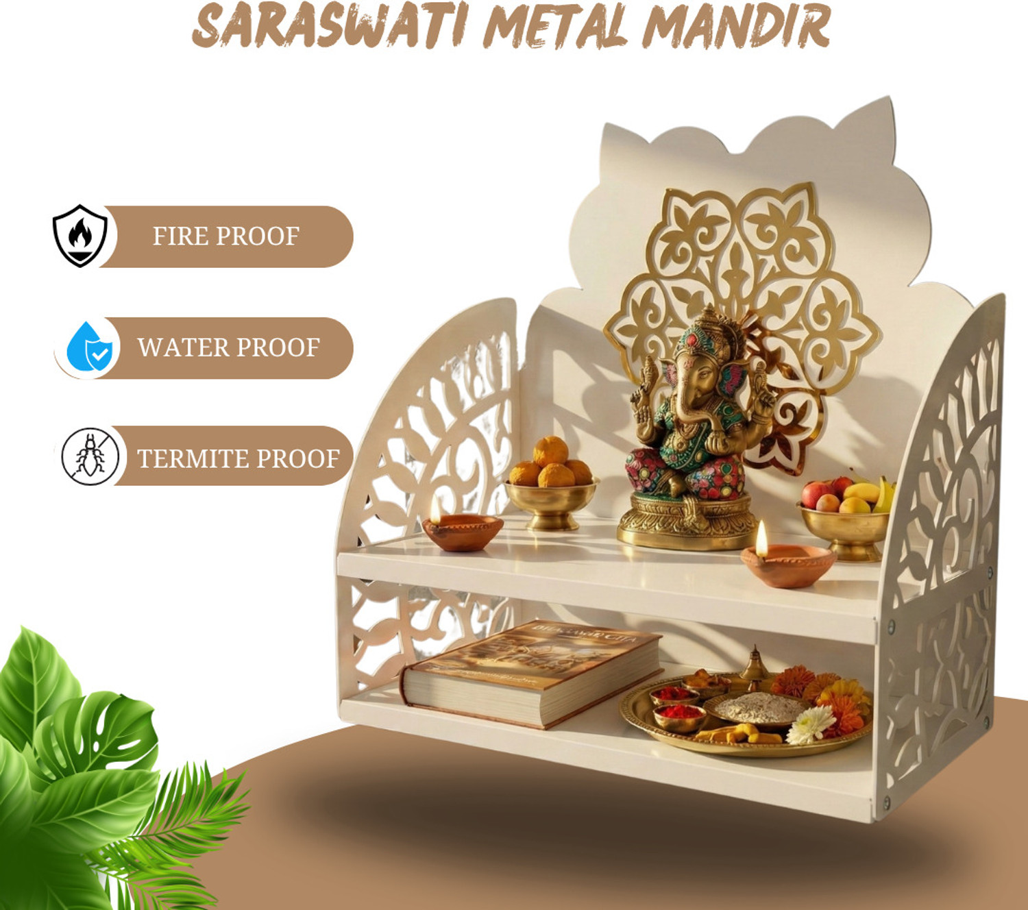 Image of Nived Saraswati Mandir 15 inch Wide Wall Mount Devghar Poojaghar Color White & Gold Metal Home Temple