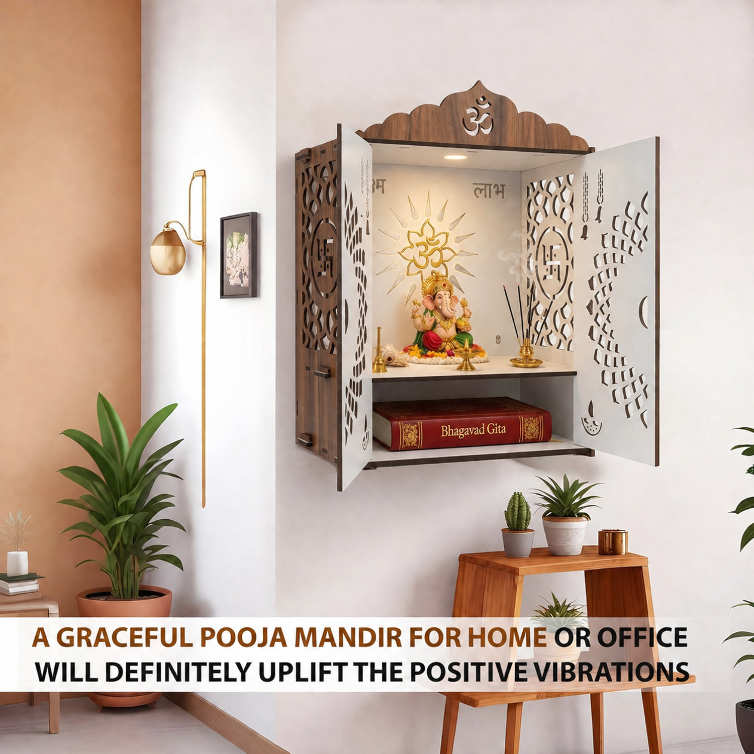 Image of DEXORO Pooja Temple Mandir for Home Office with LED Light Engineered Wood Home Temple