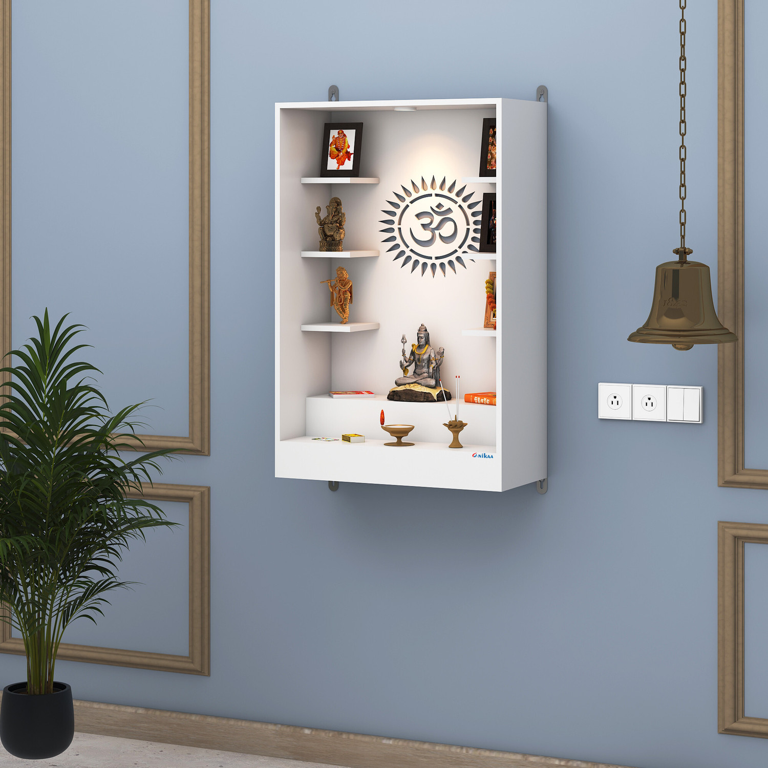 Image of ANIKAA Niketana Wooden Wall Mount Temple with LED Light, Om Back Panel & 6 Shelves Engineered Wood Home Temple