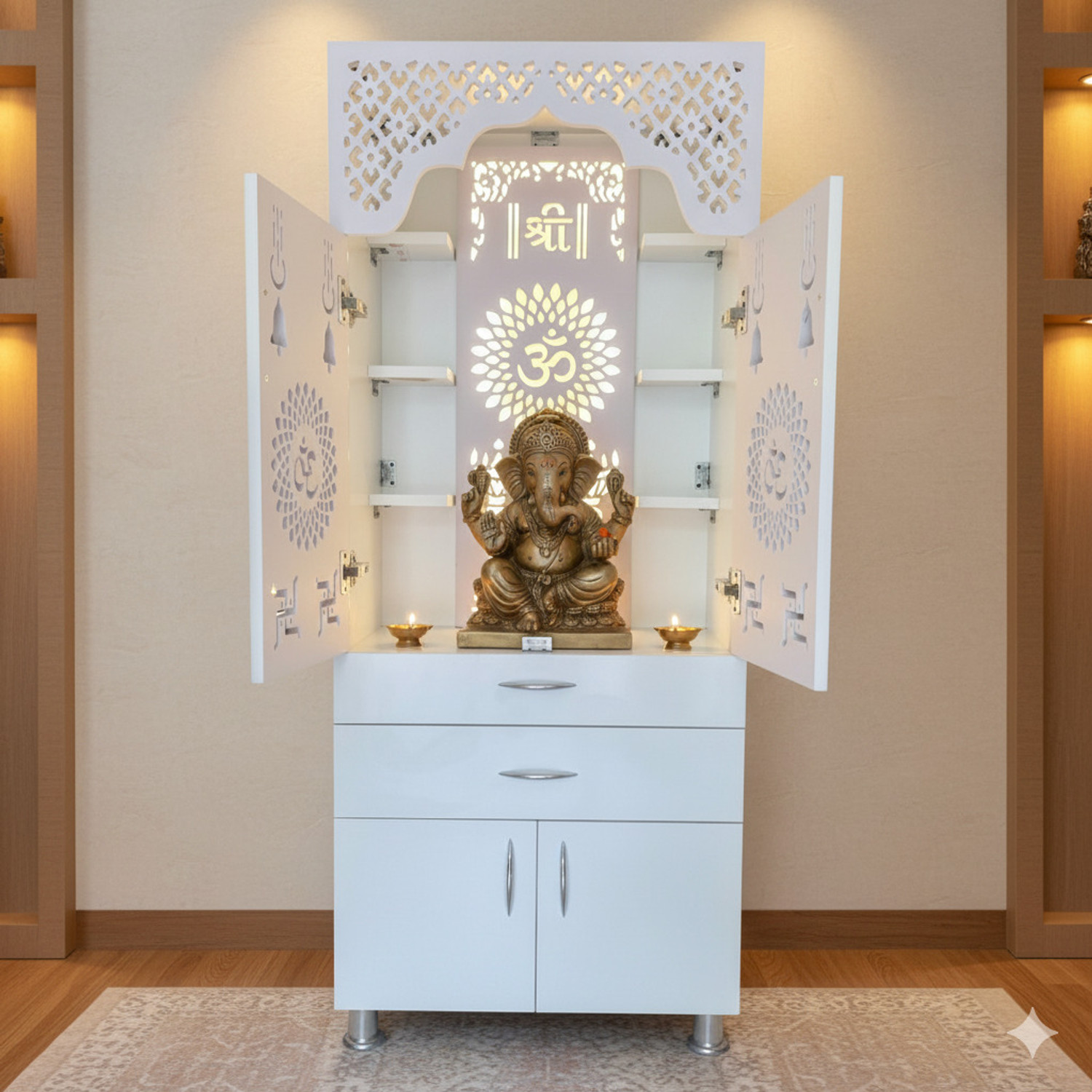 Image of Flipkart Perfect Homes Studio Unique Temple for Home /Pooja Mandir with Led Light Engineered Wood Home Temple (Height: 140, Pre-assembled)