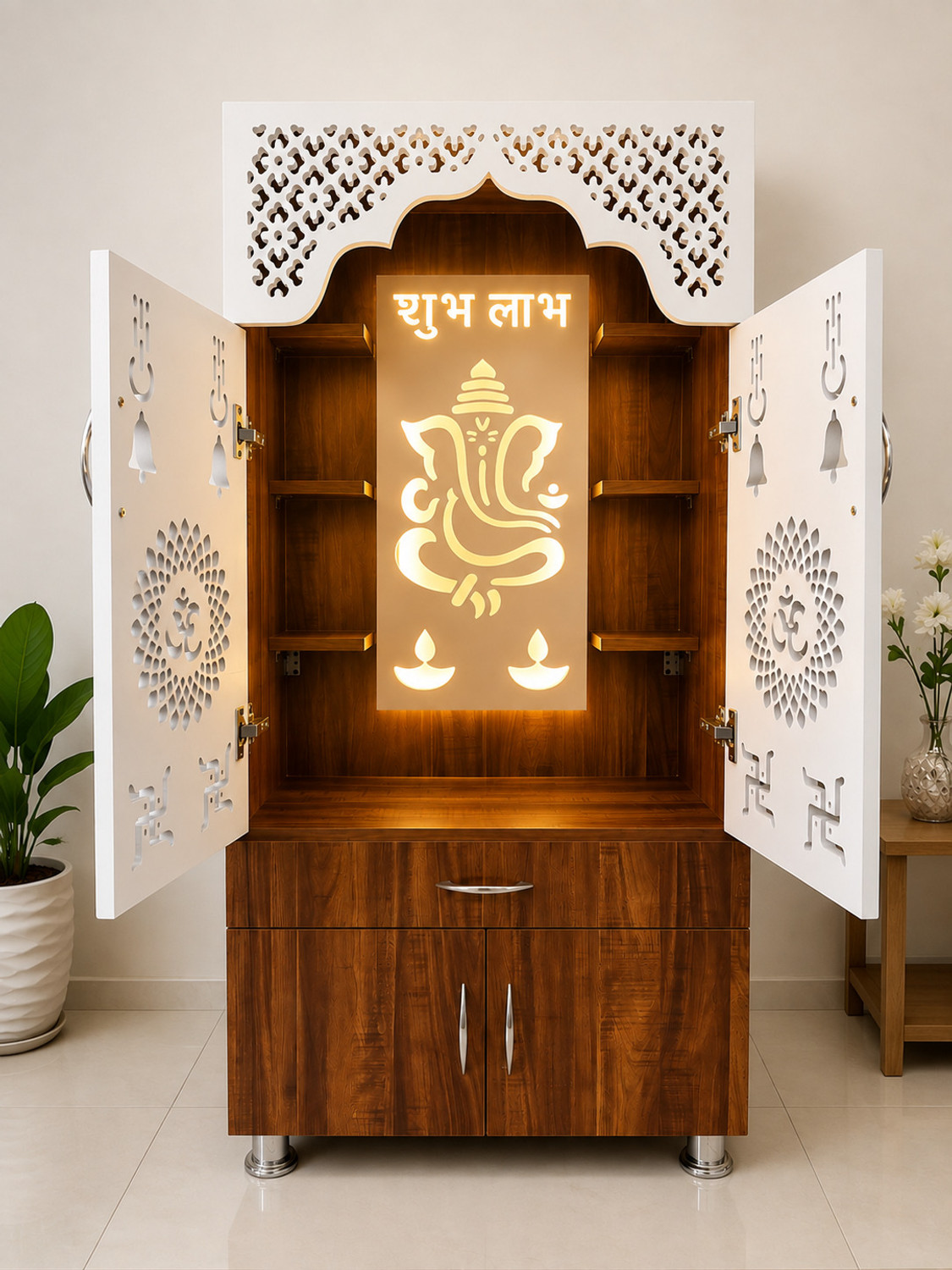 Image of KANAKVEERA CRAFTS Premium Wooden Temple for Home | Pooja Mandir with LED Backlit Ganesh Design Engineered Wood Home Temple
