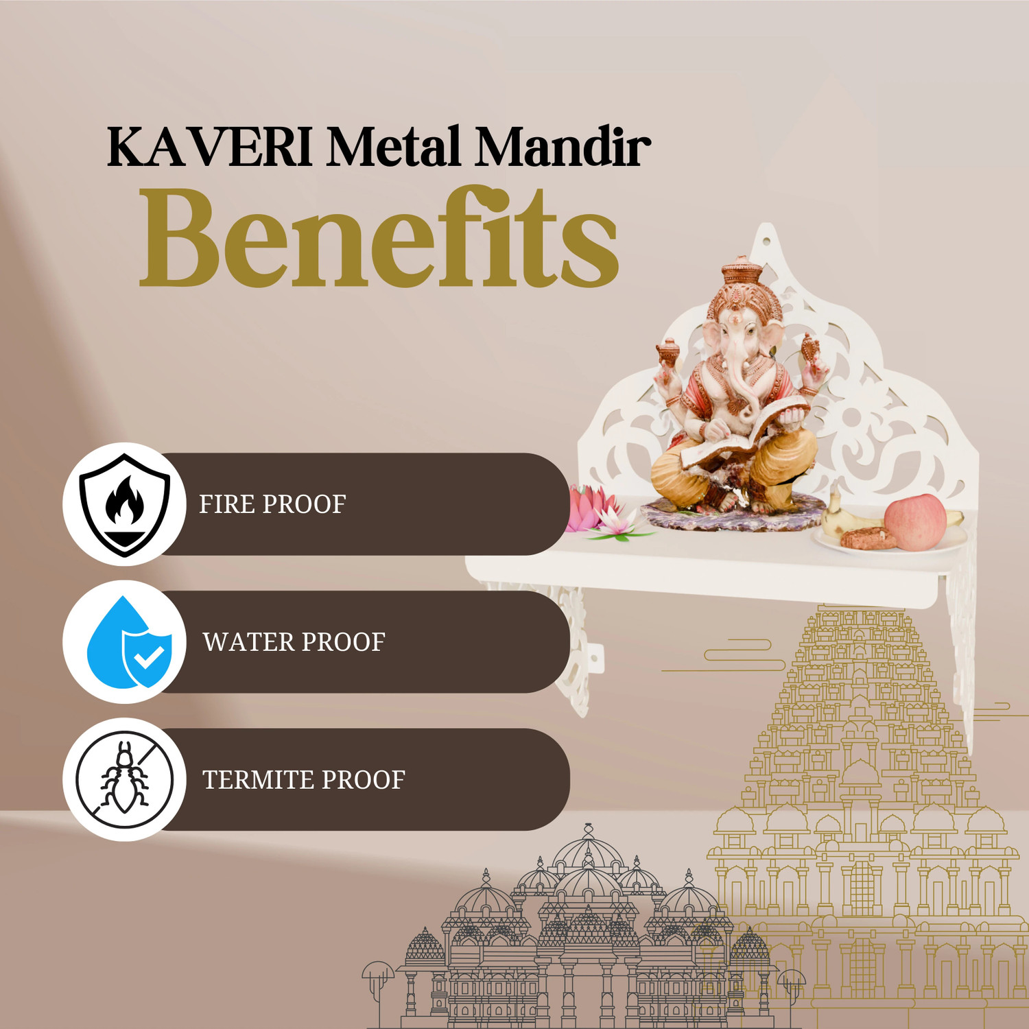 Image of Nived Kaveri Mandir 13 inch Wide Wall Mount Poojaghar Devghar Pooja Stand Metal Home Temple