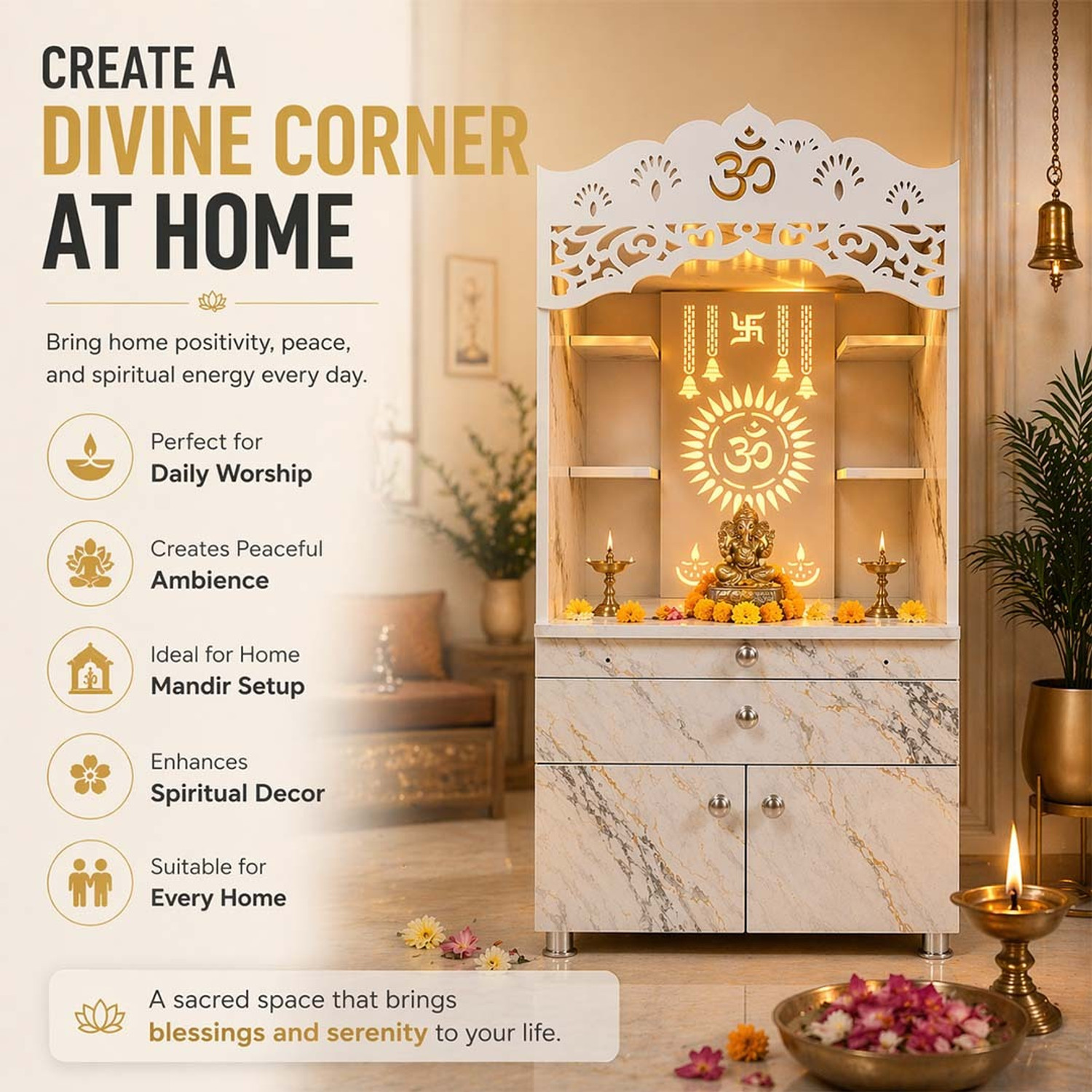 Image of A.D.MODULAR FURNITURE Puja Cabinet with Blue LED Engineered Wood Home Temple