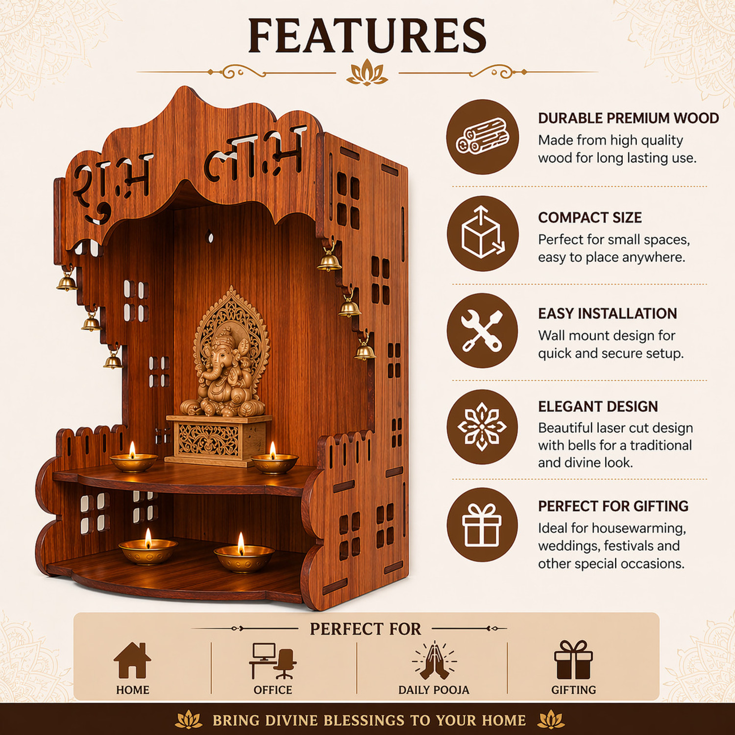 Image of LAKSHITA ART Lakshita Art Wooden Wall Mount Pooja Mandir with Carving & 6 Bells Engineered Wood Home Temple