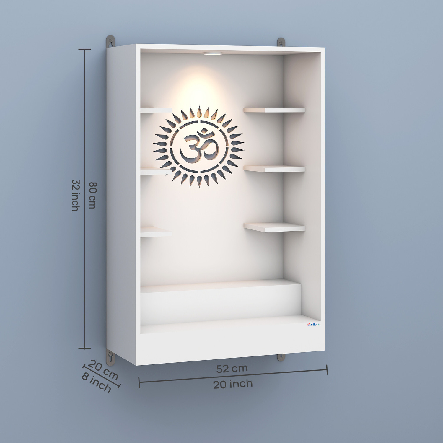 Image of ANIKAA Niketana Wooden Wall Mount Temple with LED Light, Om Back Panel & 6 Shelves Engineered Wood Home Temple