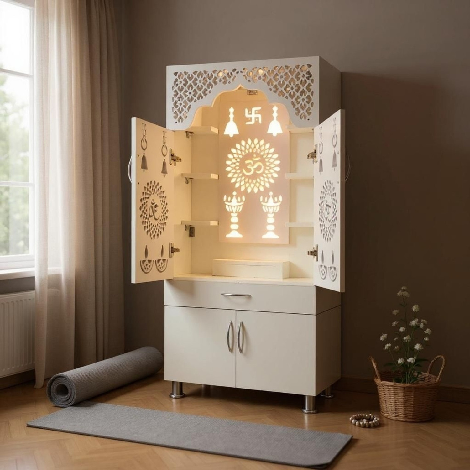 Image of Foxit Furniture Temple /Pooja Unit /Mandir With Led Light Engineered Wood Home Temple Engineered Wood Home Temple