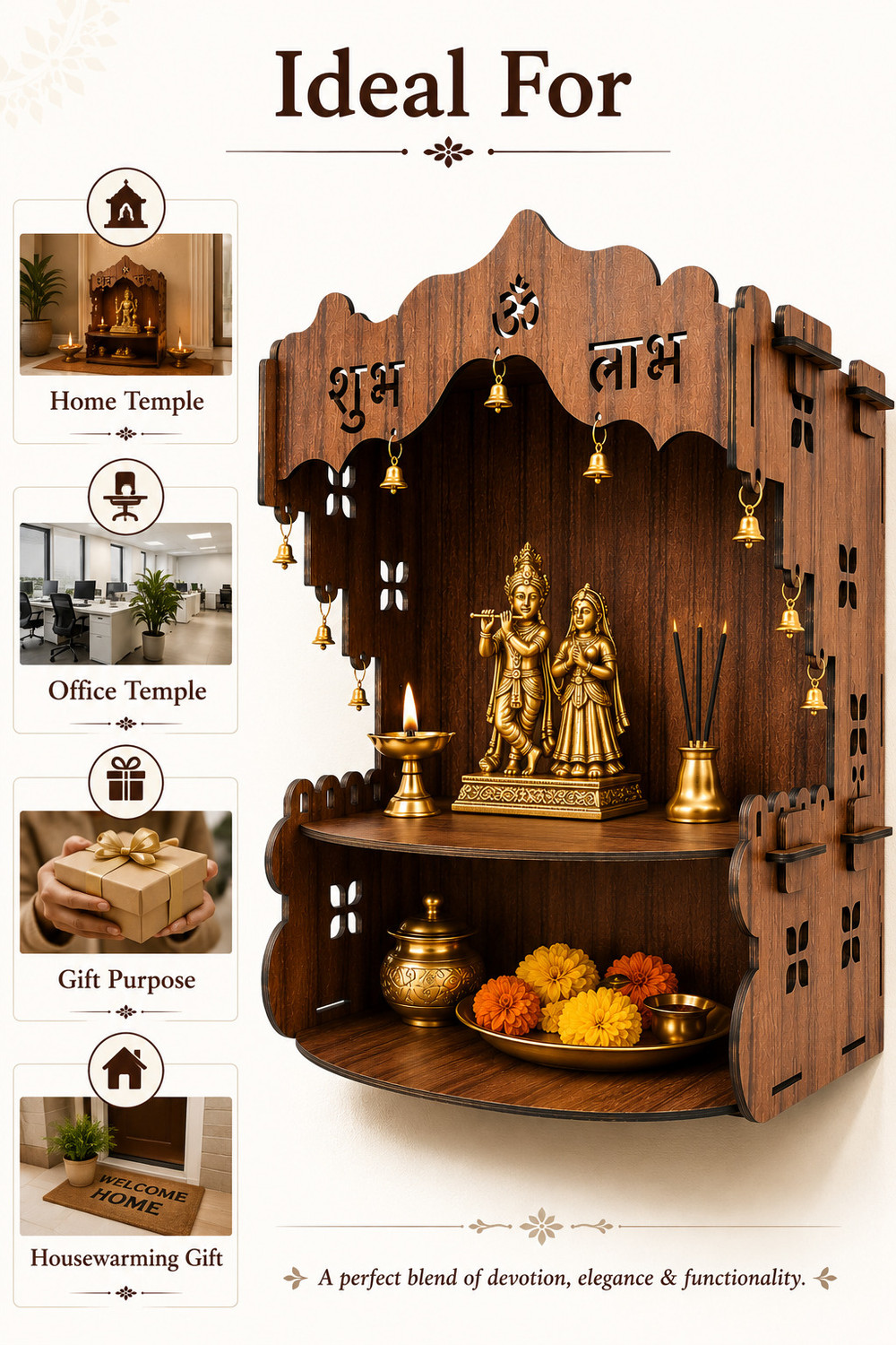 Image of Krishna Mart Shubh Labh Wall Mounted Mandir Engineered Wood Home Temple