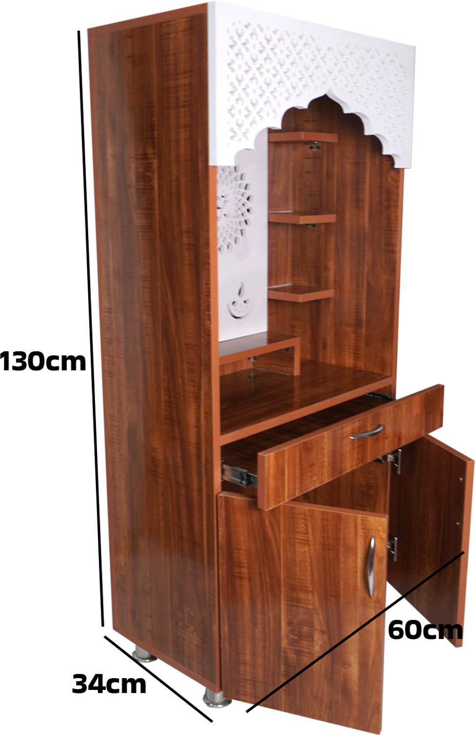 Image of MandirParadise Wooden Pooja Mandir with LED Shubh Labh & Om Design | Traditional Home Temple Engineered Wood Home Temple (Height: 130, Pre-assembled)