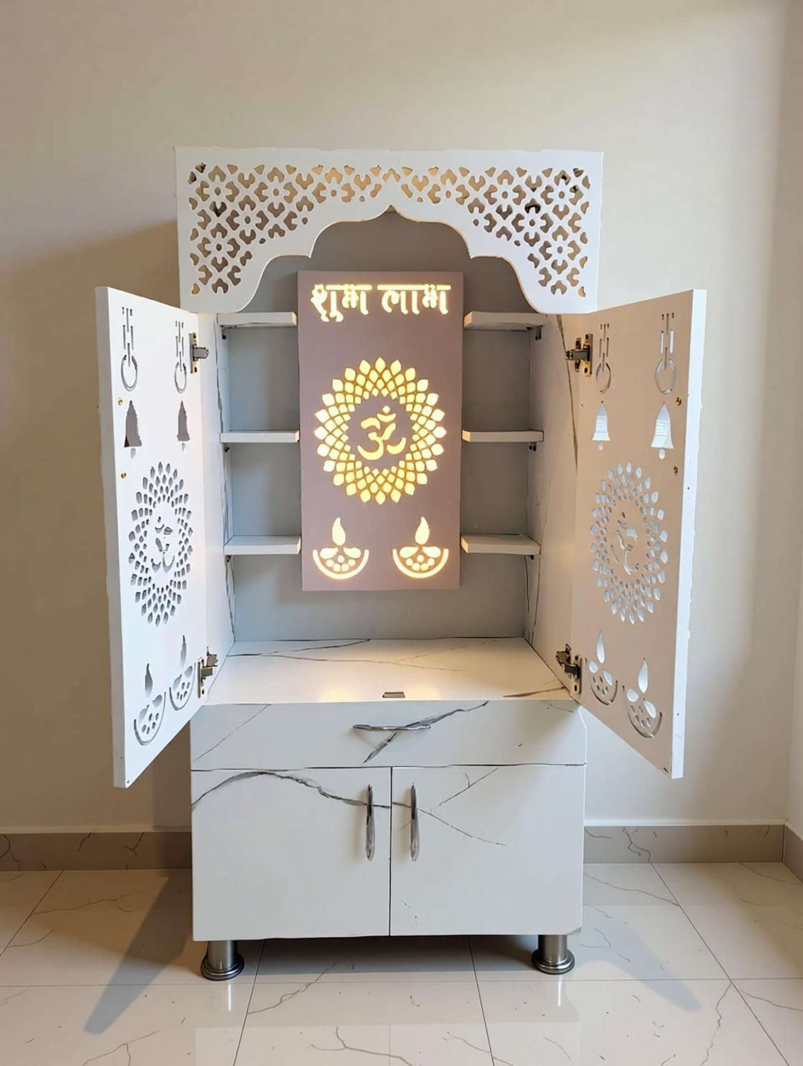 Image of Flipkart Perfect Homes Studio Big Size Designer Wooden Temple With LED Light, Tray & Drawer Storage Engineered Wood Home Temple