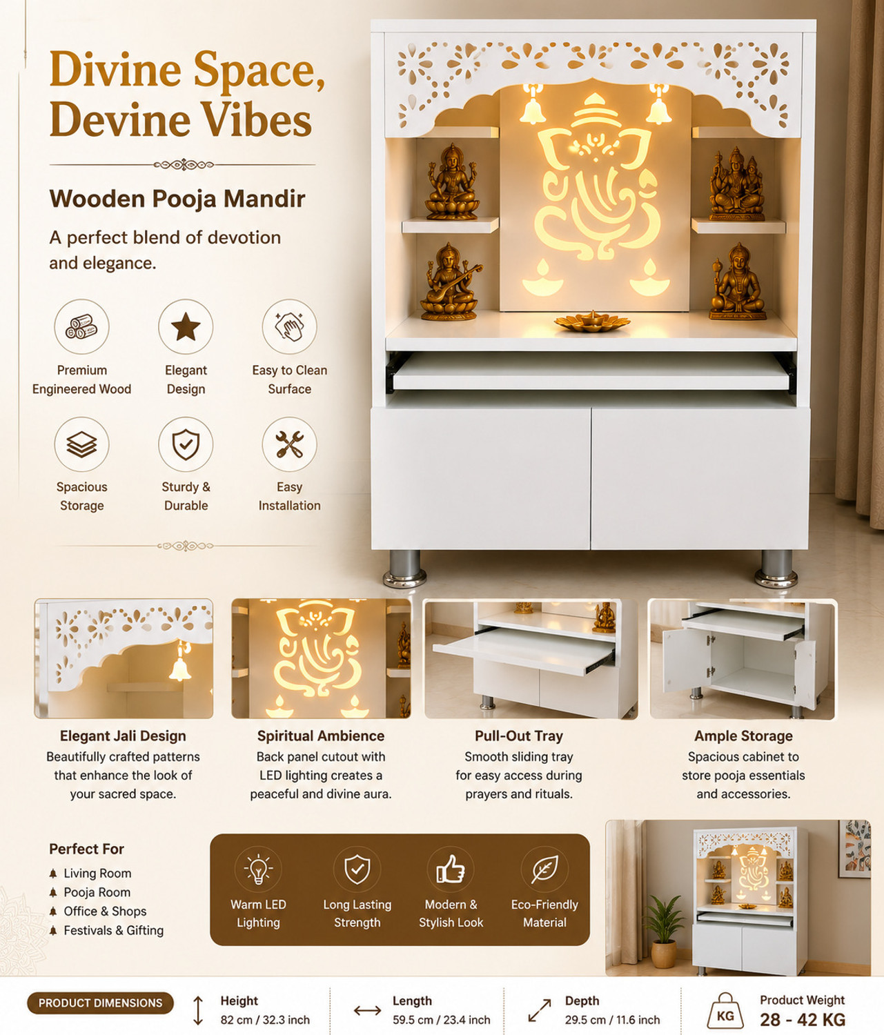 Image of The Wooden Factory White Mandir LED Backlit Ganesha Design storage Cabinet & Pull-Out Prayer Tray Engineered Wood Home Temple