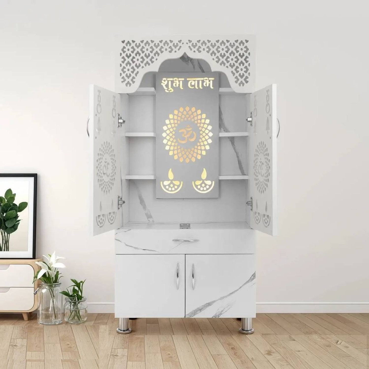Image of Foxit Furniture Temple /Pooja Unit /Mandir With Led Light Engineered Wood Home Temple Engineered Wood Home Temple