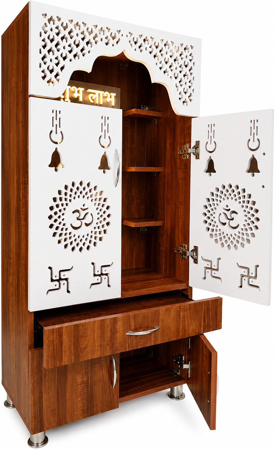Image of KANAKVEERA CRAFTS Premium Wooden Temple for Home | Pooja Mandir with LED Backlit Ganesh Design Engineered Wood Home Temple