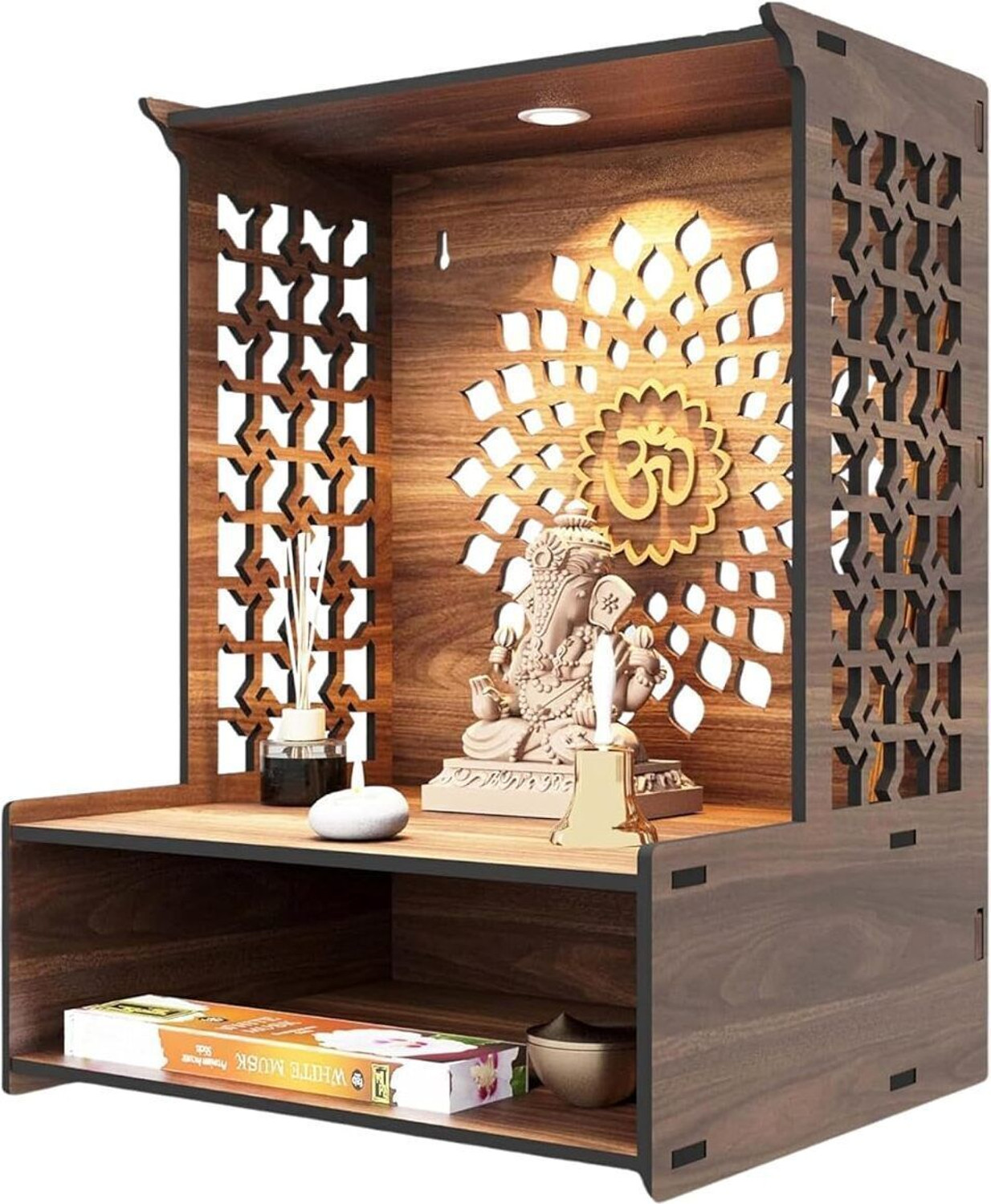 Image of Chitraksh Engineered Wood Hand Crafted Pooja Mandir for Home & Office, Wall Mounted Engineered Wood Home Temple