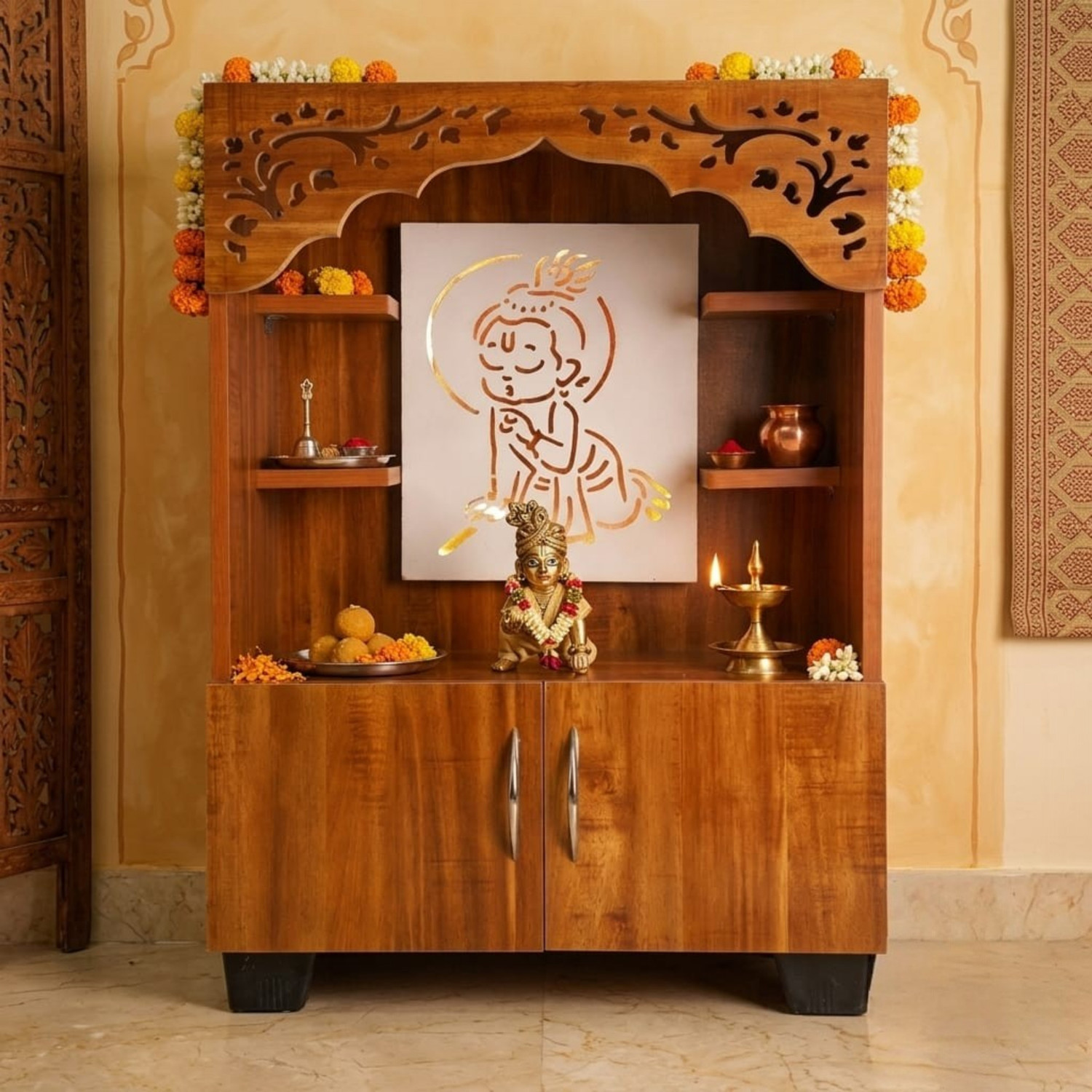 Image of Old Wolf Furniture Wooden Temple With LED Light Cabinet Storage Pooja Mandir Laddu Gopal Design Engineered Wood Home Temple