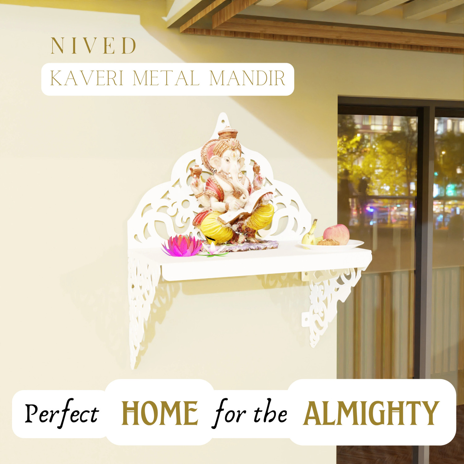 Image of Nived Kaveri Mandir 13 inch Wide Wall Mount Poojaghar Devghar Pooja Stand Metal Home Temple
