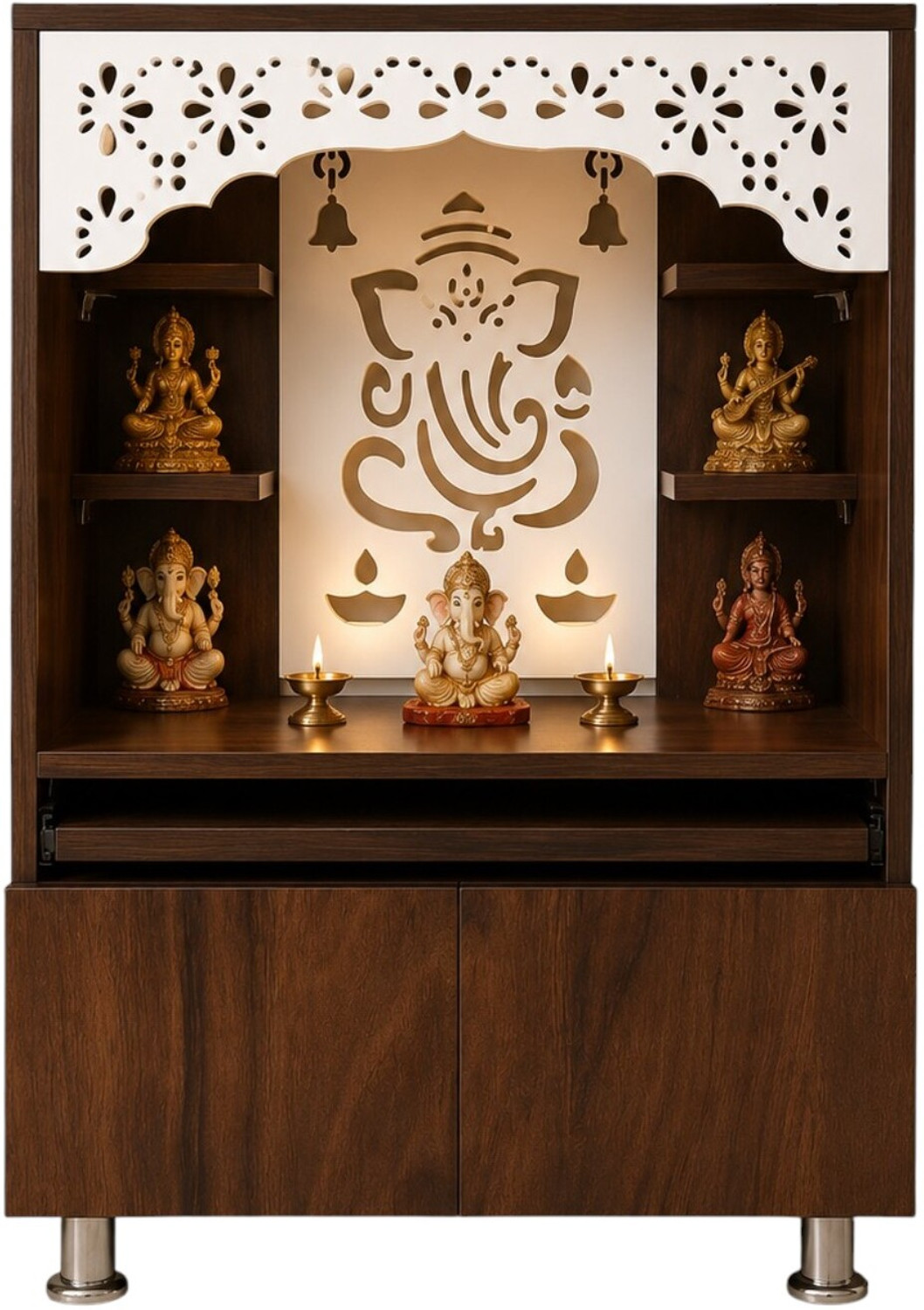 Image of The Wooden Factory Dark Brown Pooja Mandir for Home with LED Light, Storage Cabinet & Shelves Engineered Wood Home Temple