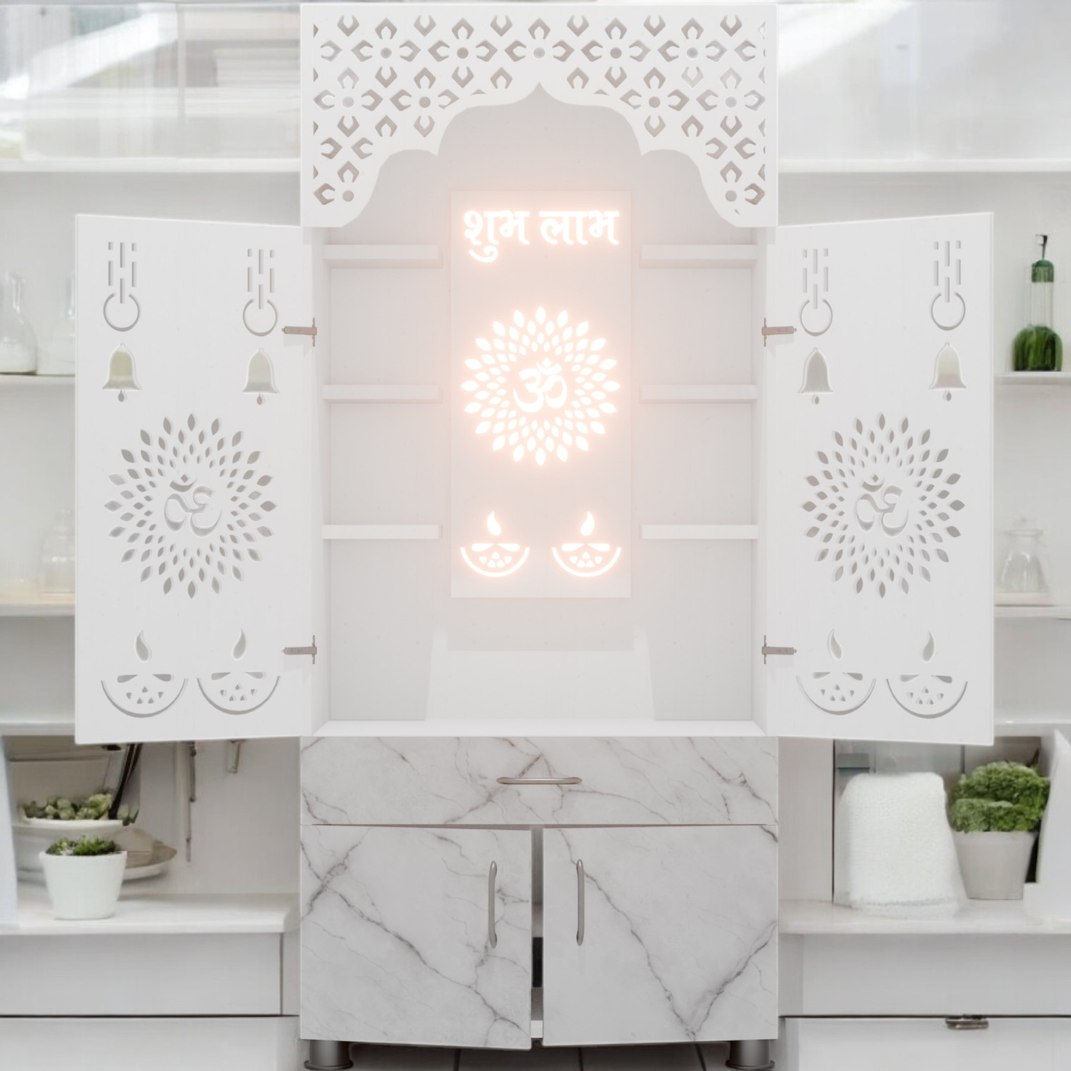 Image of HOODWIN Furniture Wooden Mandir Temple With Decorative LED Light Pre-assembled Engineered Wood Home Temple