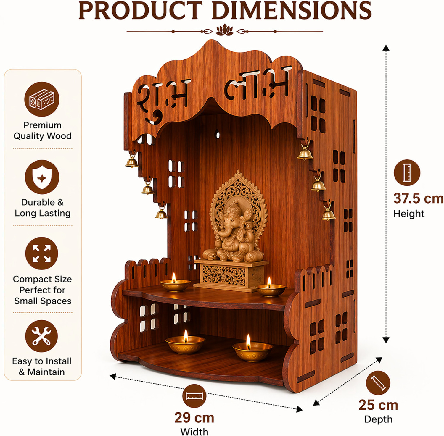 Image of LAKSHITA ART Lakshita Art Wooden Wall Mount Pooja Mandir with Carving & 6 Bells Engineered Wood Home Temple