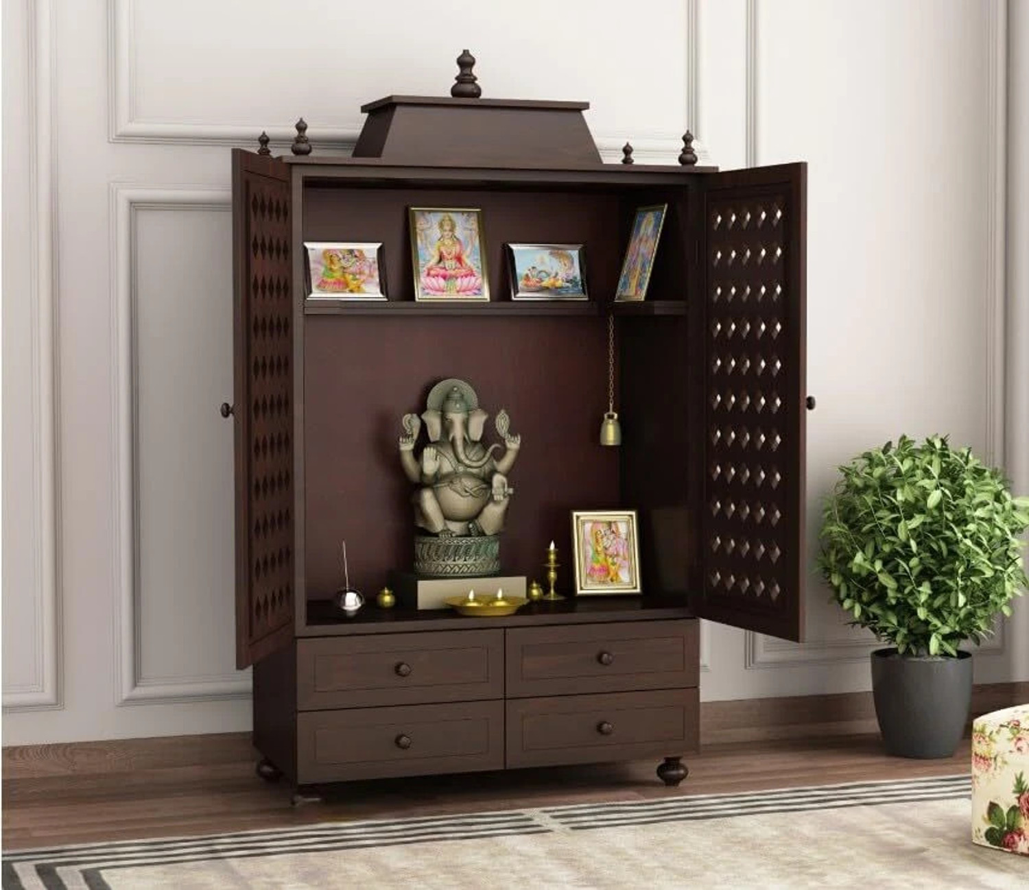 Image of VARSHA FURNITURE Solid Wood Temple for Home|Mandir|Pooja Stand|Mandapam with 4 Drawers- Walnut Solid Wood Home Temple