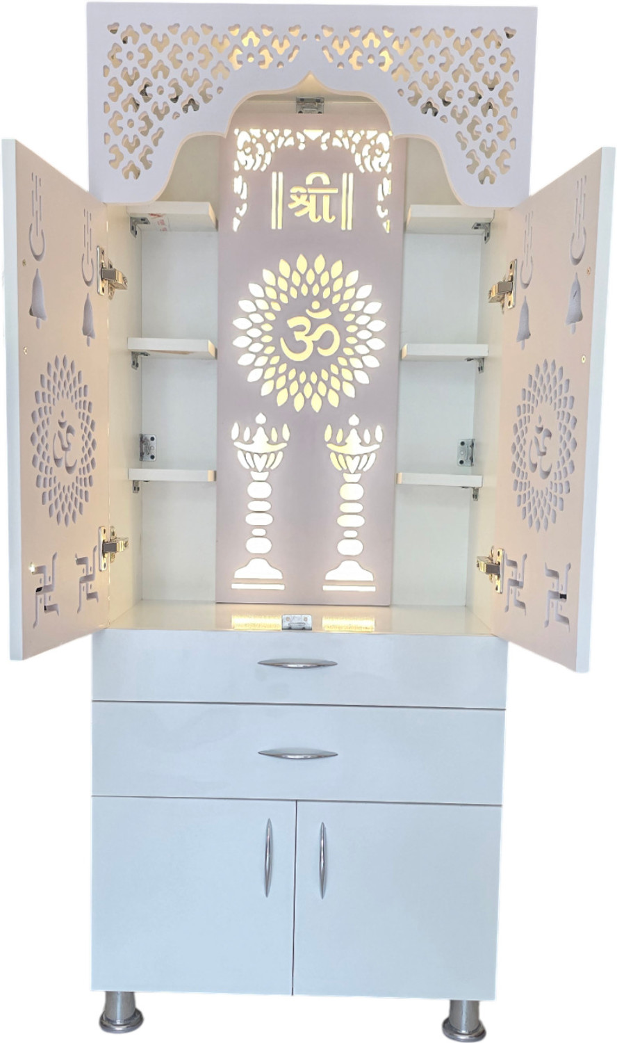 Image of Flipkart Perfect Homes Studio Unique Temple for Home /Pooja Mandir with Led Light Engineered Wood Home Temple (Height: 140, Pre-assembled)