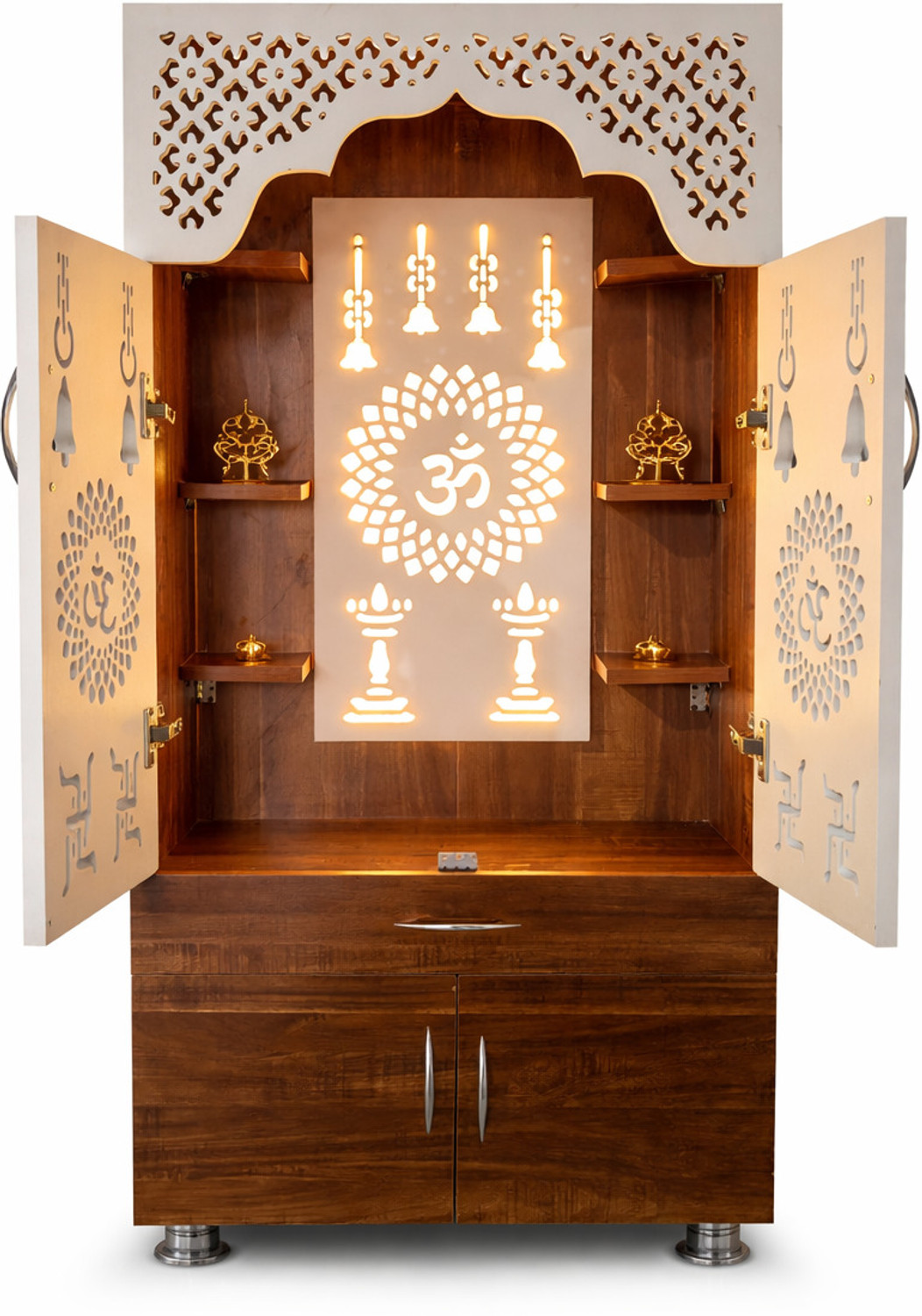 Image of Kankveera crafts Wooden Temple For Home /Pooja Mandir with LED Backlight Engineered Wood Home Temple
