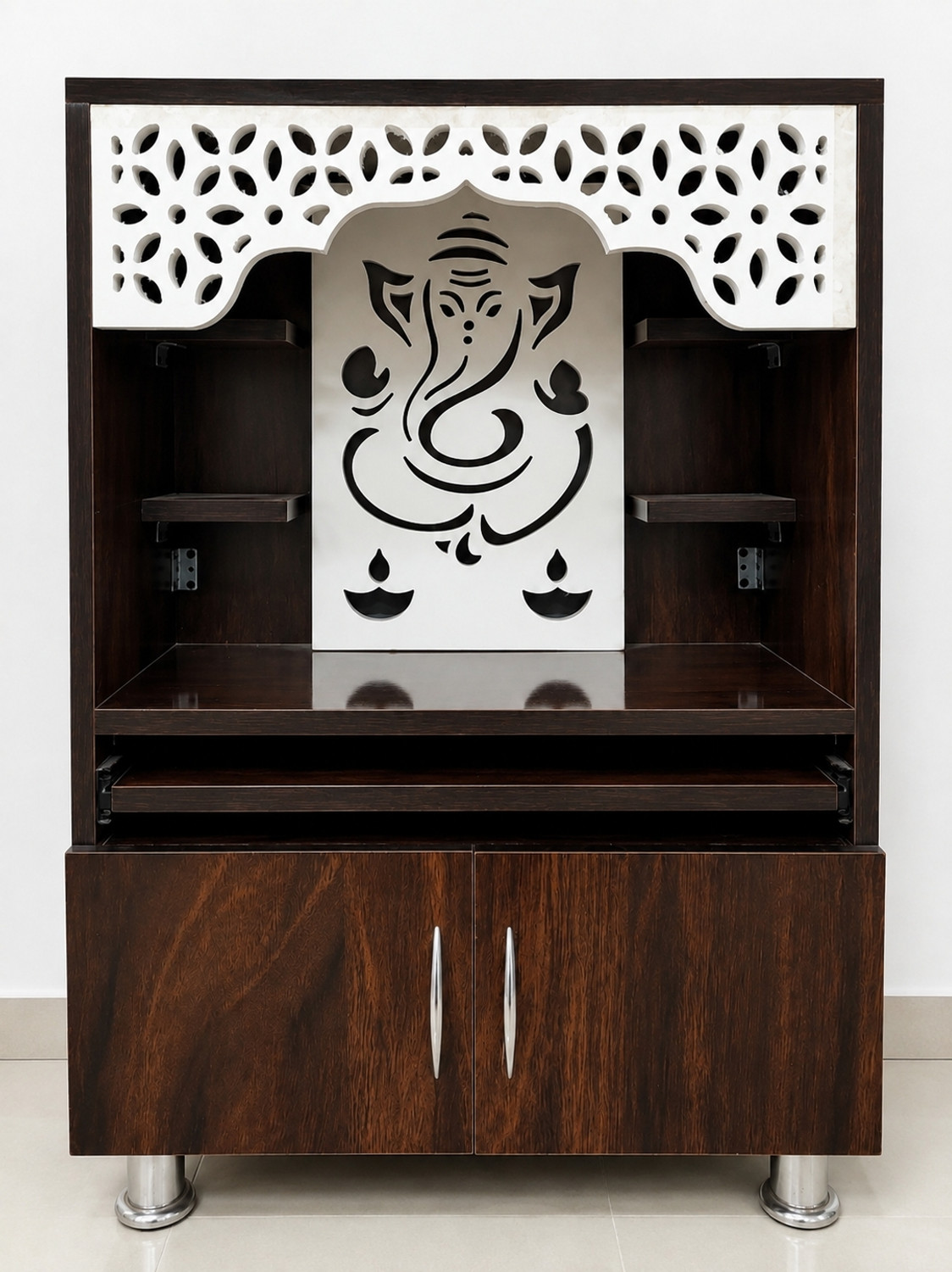 Image of loftqhomes Premium Pooja Mandir with LED Light Panel and Engineered Wooden Engineered Wood Home Temple