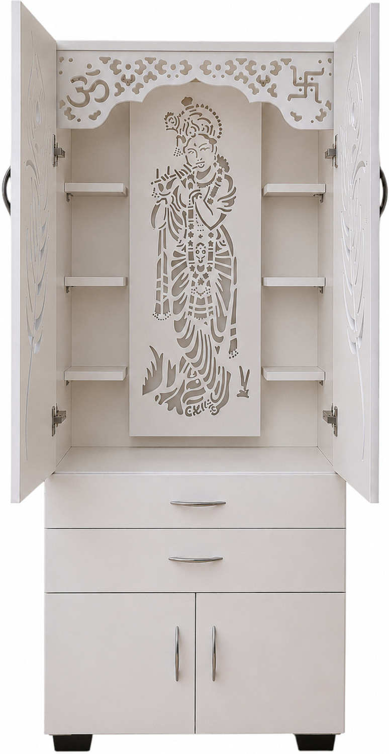 Image of De Craftinia Homes Krishna Design Pooja Mandir with Light, Pooja Tray & Drawer Storage Cabinet Engineered Wood Home Temple (Height: 143, Pre-assembled)