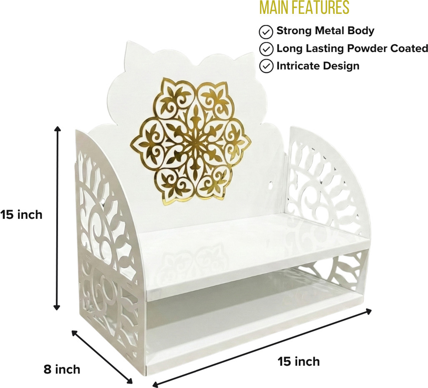 Image of Nived Saraswati Mandir 15 inch Wide Wall Mount Devghar Poojaghar Color White & Gold Metal Home Temple