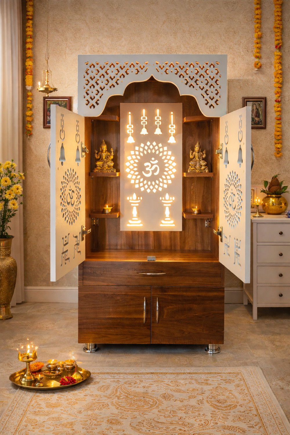 Image of Kankveera crafts Wooden Temple For Home /Pooja Mandir with LED Backlight Engineered Wood Home Temple