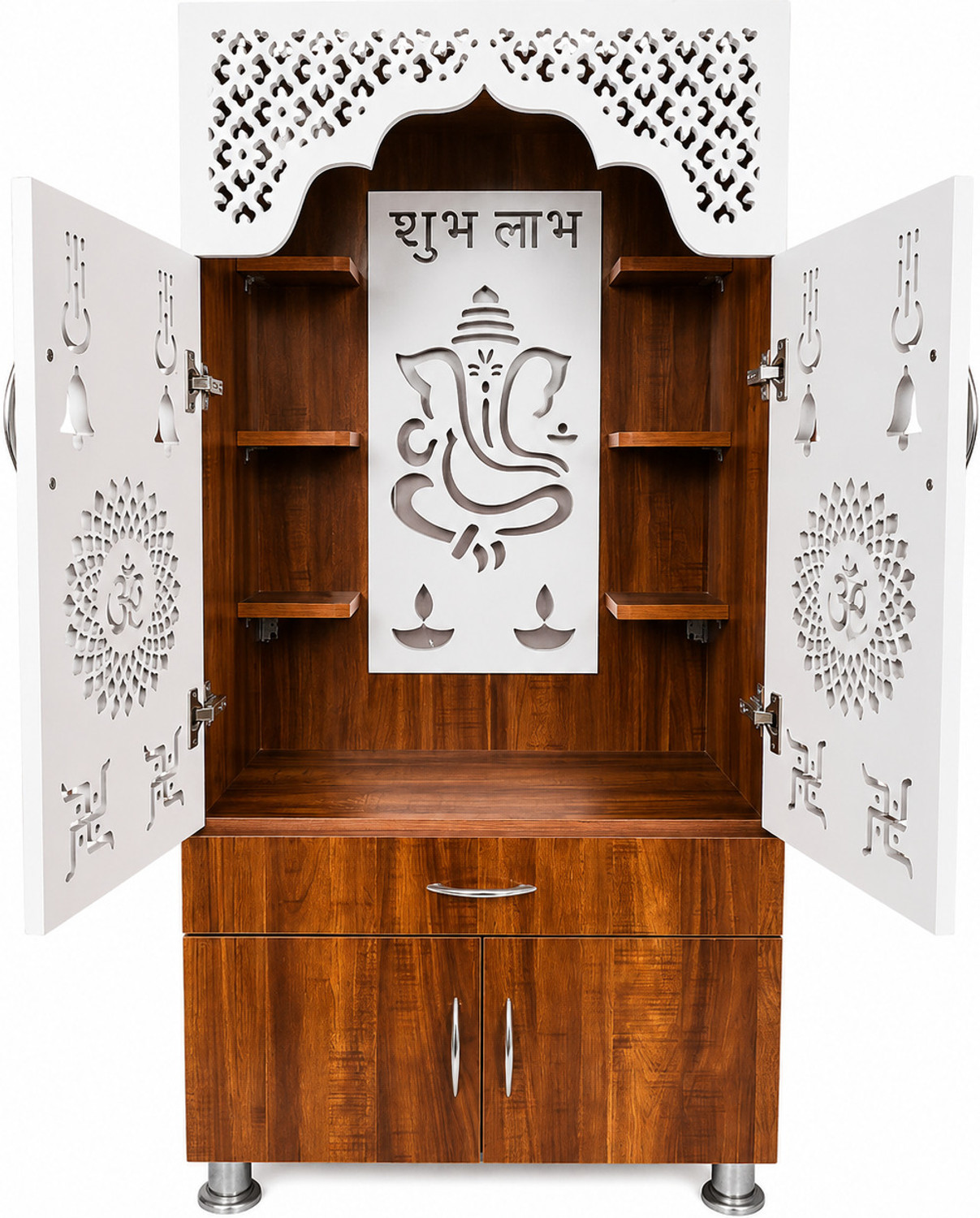 Image of KANAKVEERA CRAFTS Premium Wooden Temple for Home | Pooja Mandir with LED Backlit Ganesh Design Engineered Wood Home Temple
