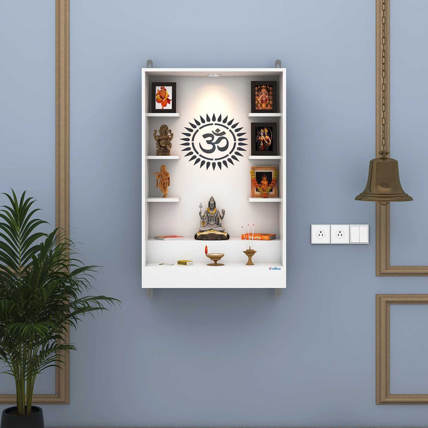 Image of ANIKAA Niketana Wooden Wall Mount Temple with LED Light, Om Back Panel & 6 Shelves Engineered Wood Home Temple