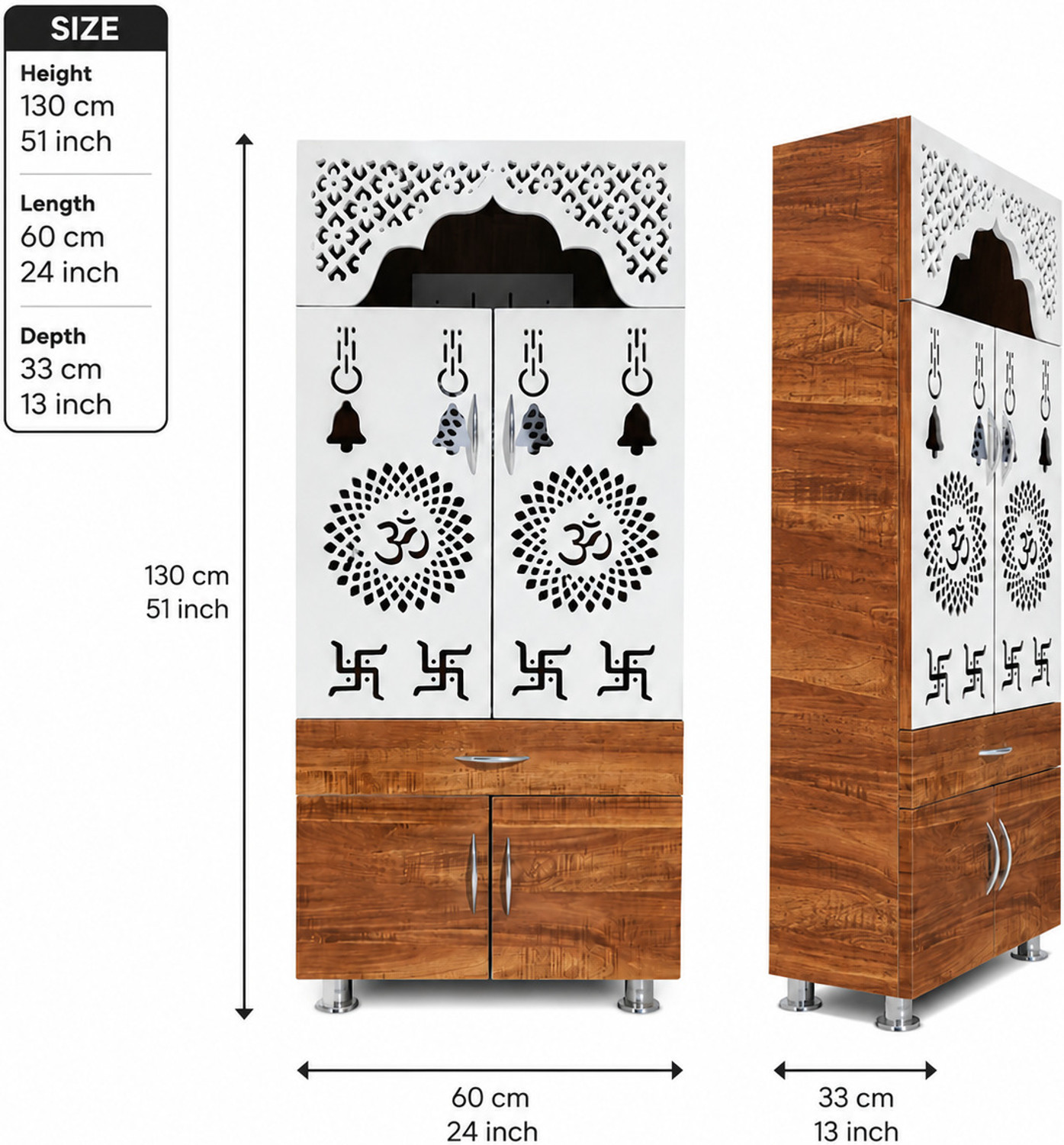 Image of woodaari Large Sheesham Mandir|Home Temple|Prayer Unit with LED Light & Storage Engineered Wood Home Temple (Height: 130, Pre-assembled)