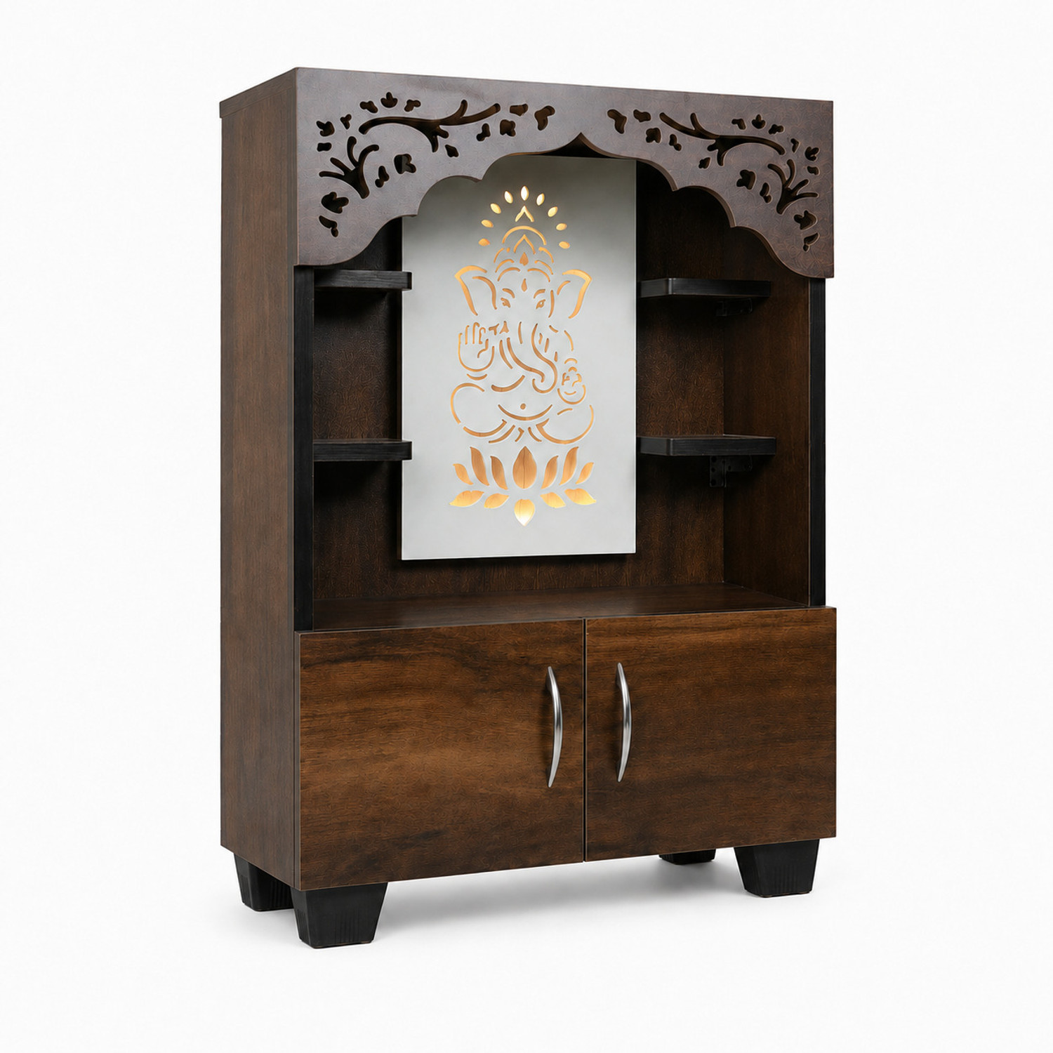Image of Old Wolf Furniture Lord Ganesh Wooden Temple With LED Light - Modern Pooja Mandir Cabinet Unit Engineered Wood Home Temple