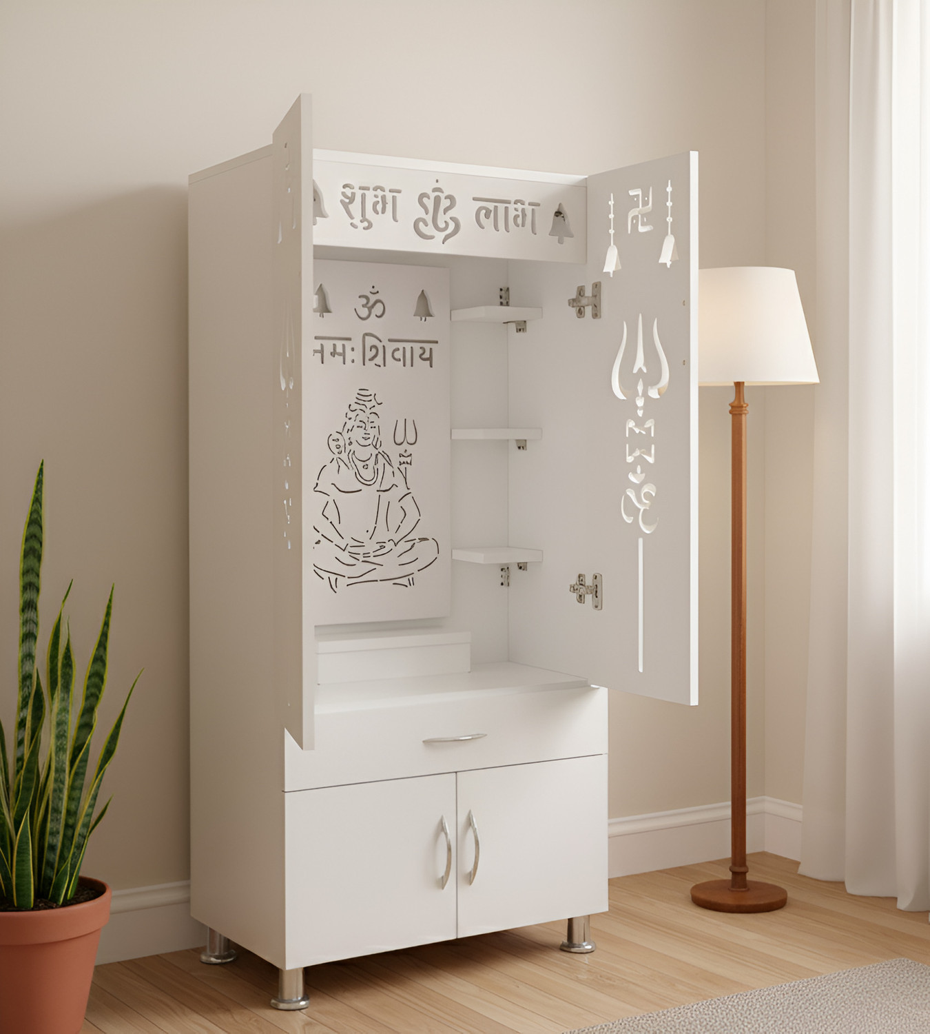 Image of The Wooden Factory White Shiv Mandir with 'Om Namah Shivaya' LED Light | Trishul Cutouts Design Engineered Wood Home Temple