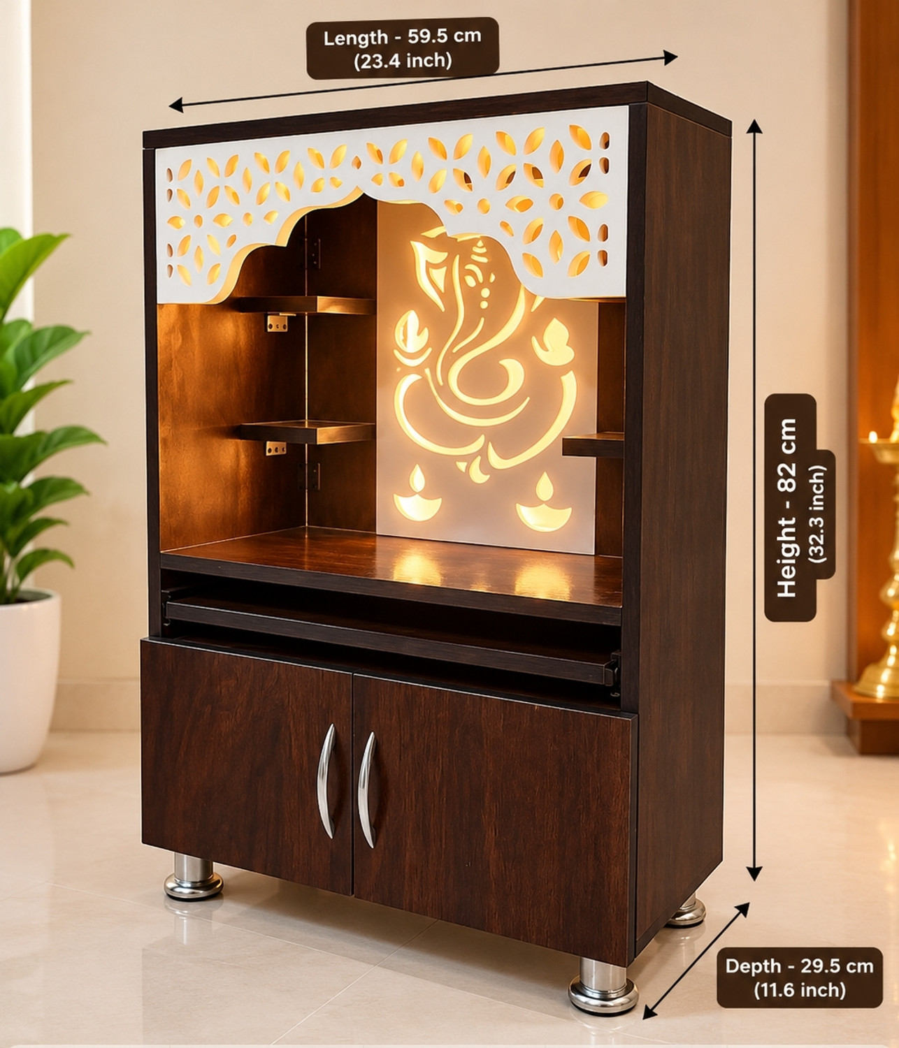 Image of loftqhomes Premium Pooja Mandir with LED Light Panel and Engineered Wooden Engineered Wood Home Temple