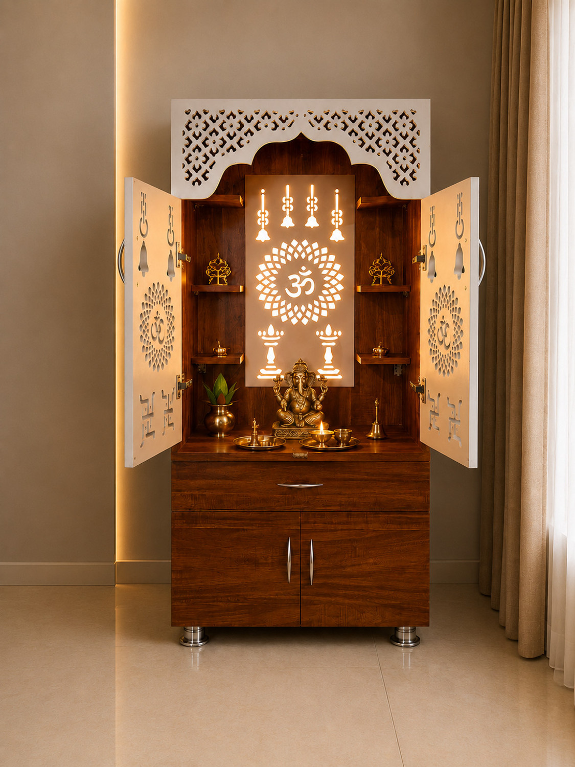 Image of woodaari Large Sheesham Mandir|Home Temple|Prayer Unit with LED Light & Storage Engineered Wood Home Temple (Height: 130, Pre-assembled)
