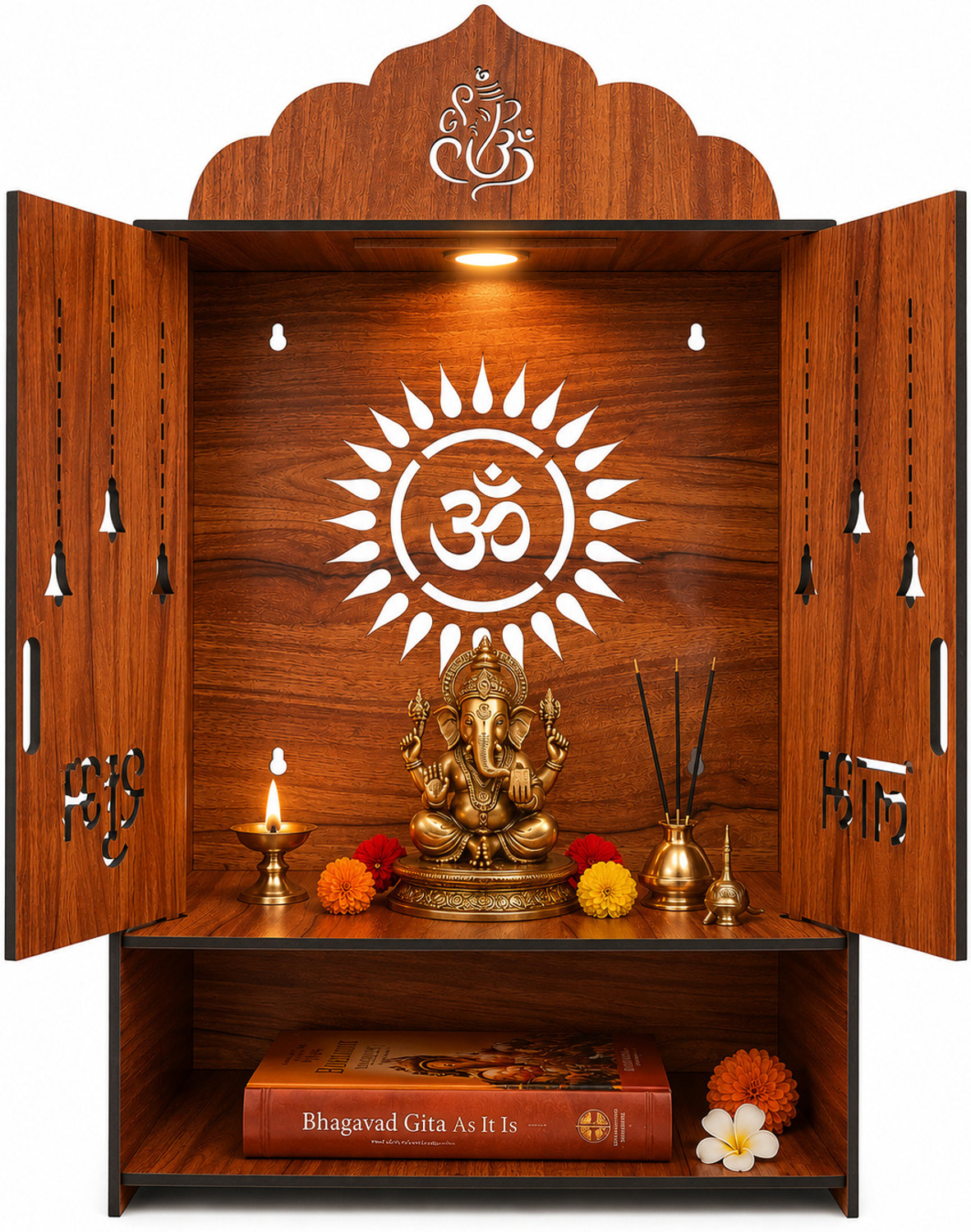 Image of Gloridec Wooden Temple for Home with Door, Storage & LED Lighting Engineered Wood Home Temple
