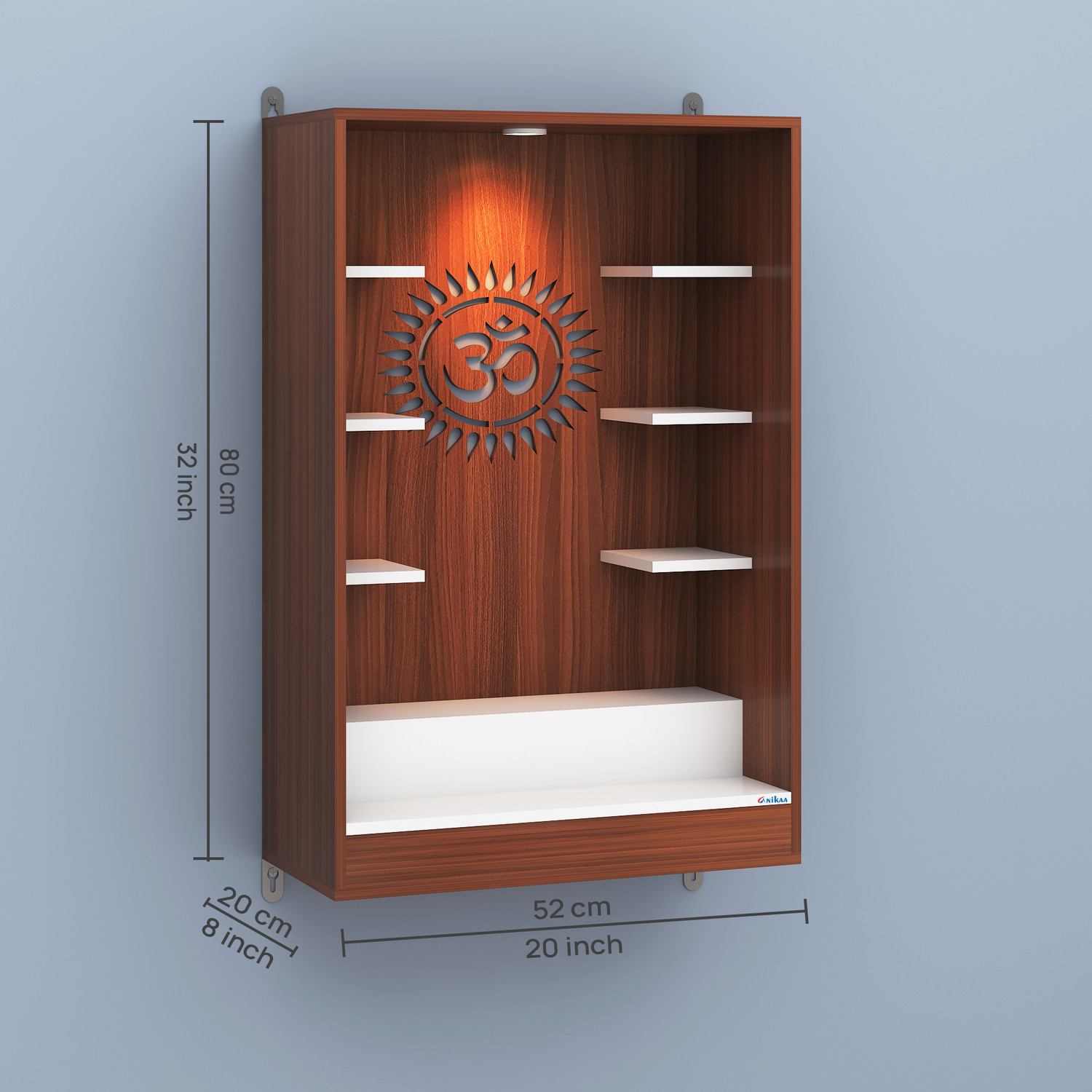 Image of FURNIWUD Niketana Wooden Wall Mount Temple with LED Light, Om Back Panel & 6 Shelves Engineered Wood Home Temple