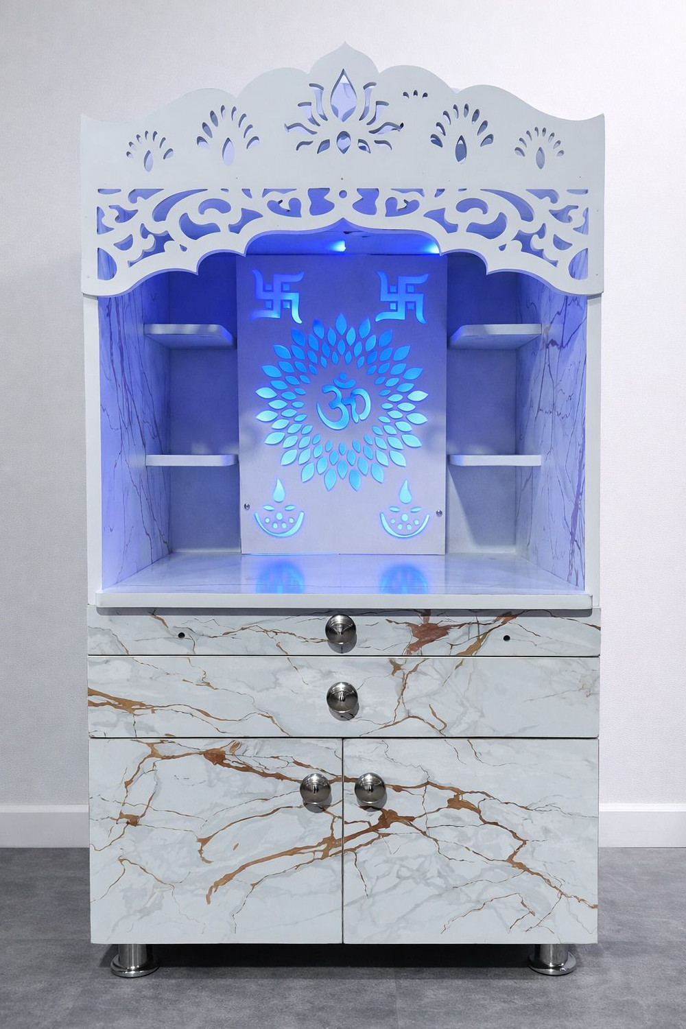 Image of A.D.MODULAR FURNITURE Puja Cabinet with Blue LED Engineered Wood Home Temple