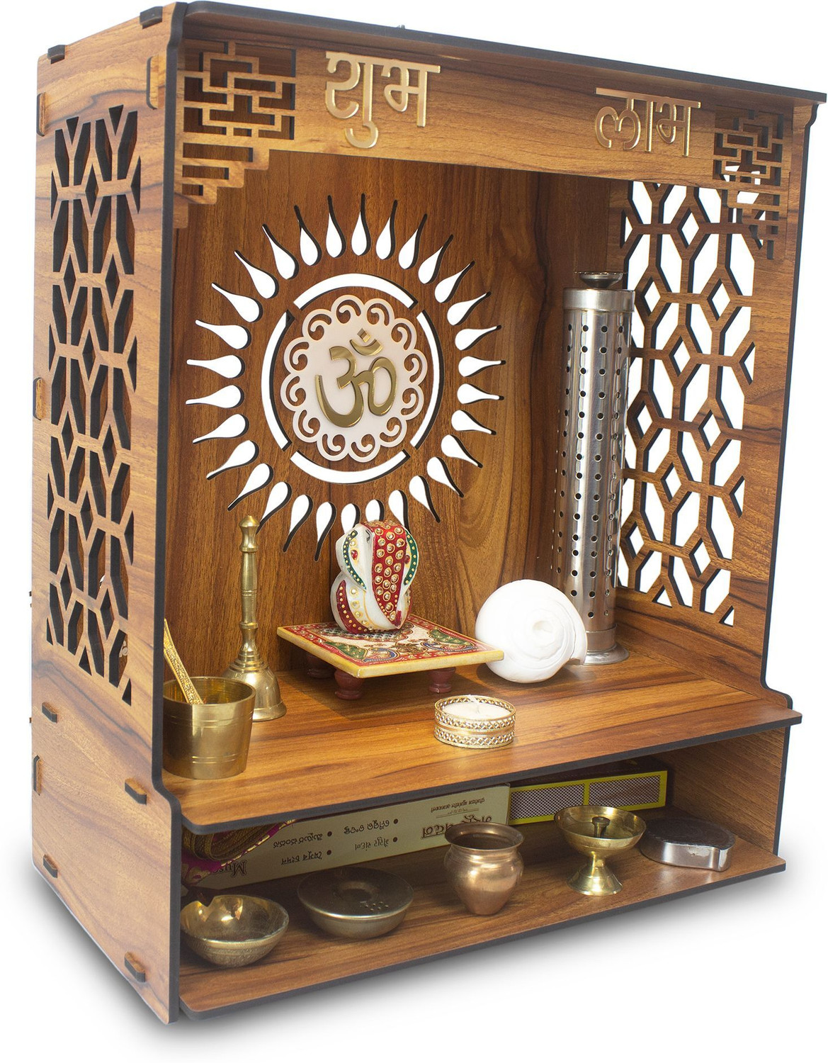 Image of Heartily PAVITR Pooja Mandir Temple Home Office with LED Light H- 18 L- 16 W -8.75 In Engineered Wood Home Temple