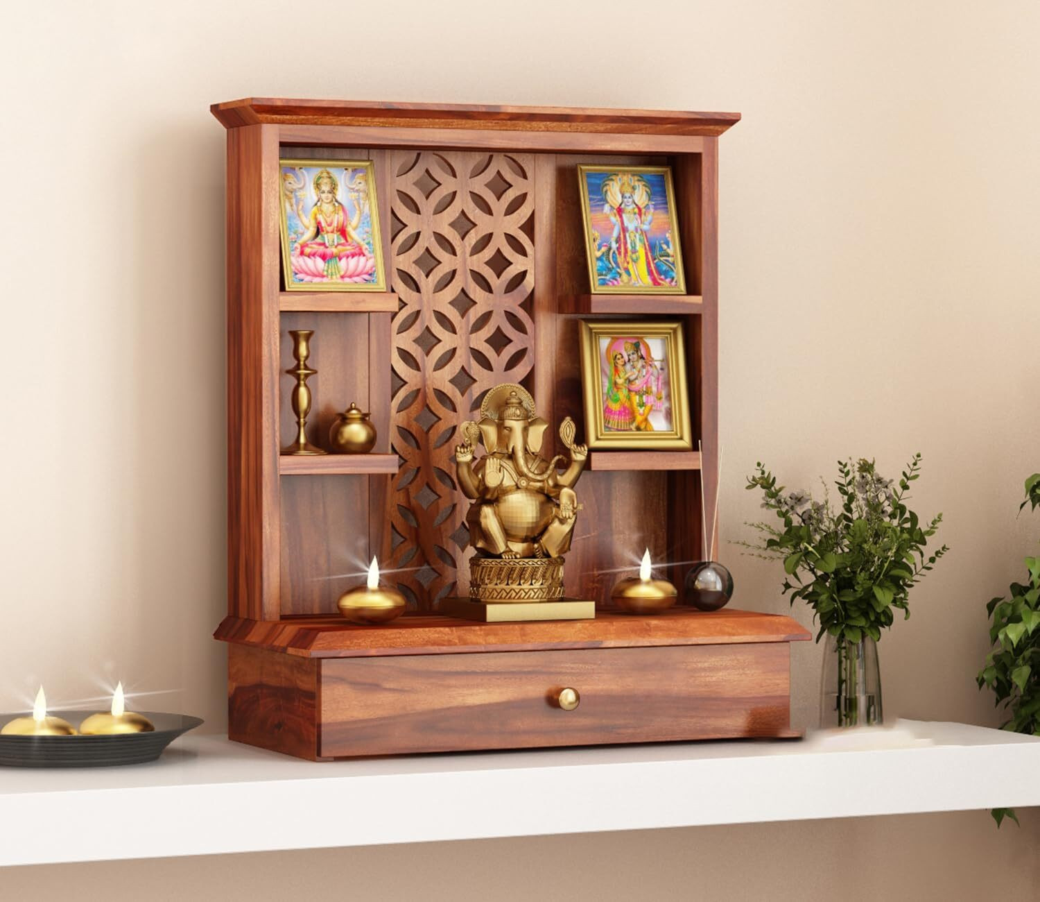 Image of ONIJA Wooden Home Temple For Prayer & Puja Ghar Solid Wood Home Temple