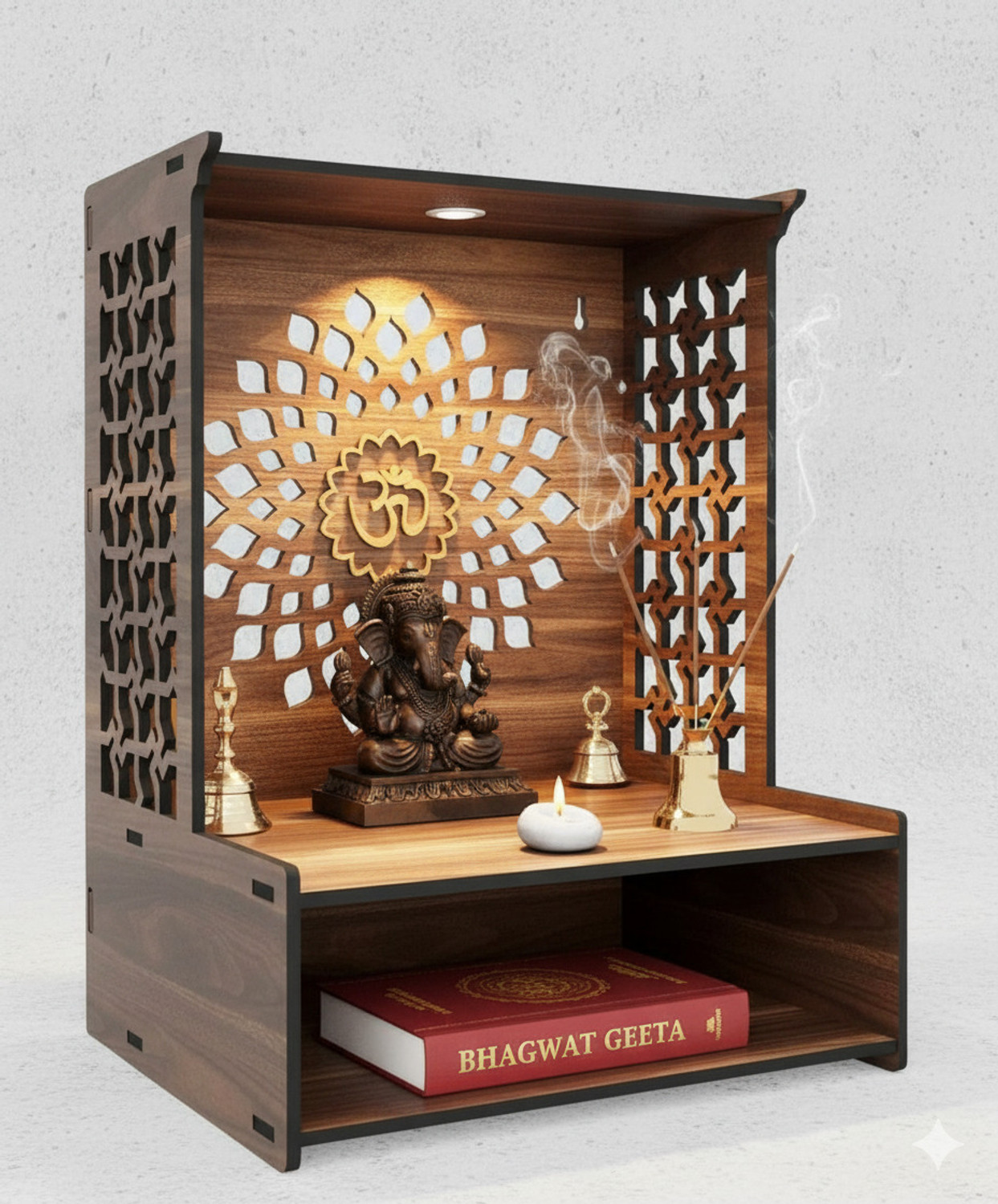 Image of Gojeeva Engineered Wooden LED Temple Handcrafted Design Pooja Mandir for Home & Office Engineered Wood Home Temple