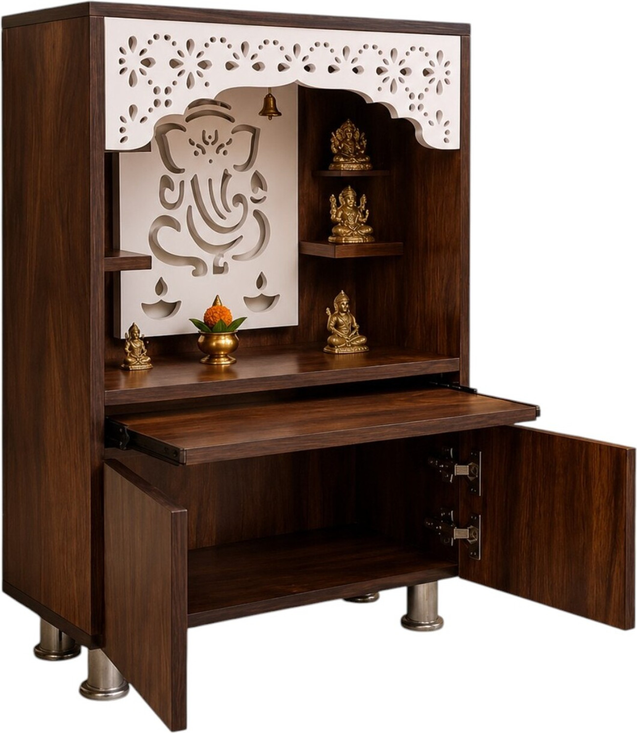 Image of The Wooden Factory Dark Brown Pooja Mandir for Home with LED Light, Storage Cabinet & Shelves Engineered Wood Home Temple