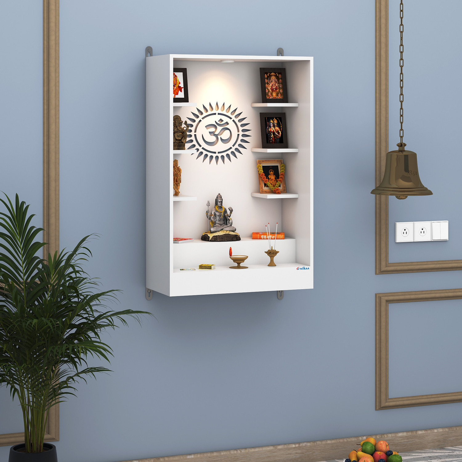 Image of ANIKAA Niketana Wooden Wall Mount Temple with LED Light, Om Back Panel & 6 Shelves Engineered Wood Home Temple