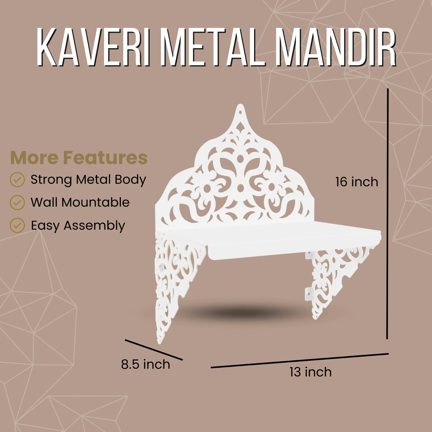 Image of Nived Kaveri Mandir 13 inch Wide Wall Mount Poojaghar Devghar Pooja Stand Metal Home Temple