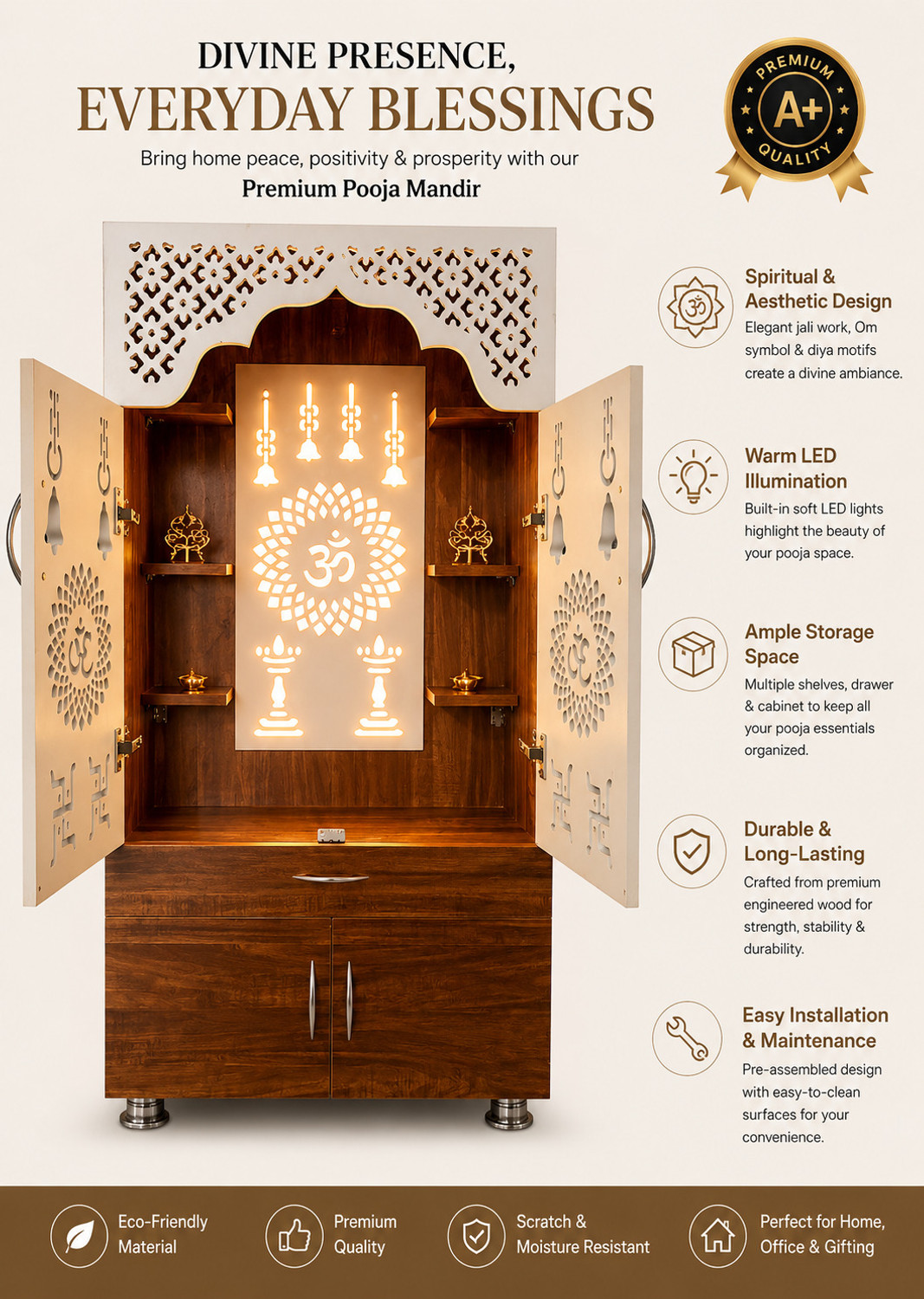 Image of woodaari Large Sheesham Mandir|Home Temple|Prayer Unit with LED Light & Storage Engineered Wood Home Temple (Height: 130, Pre-assembled)