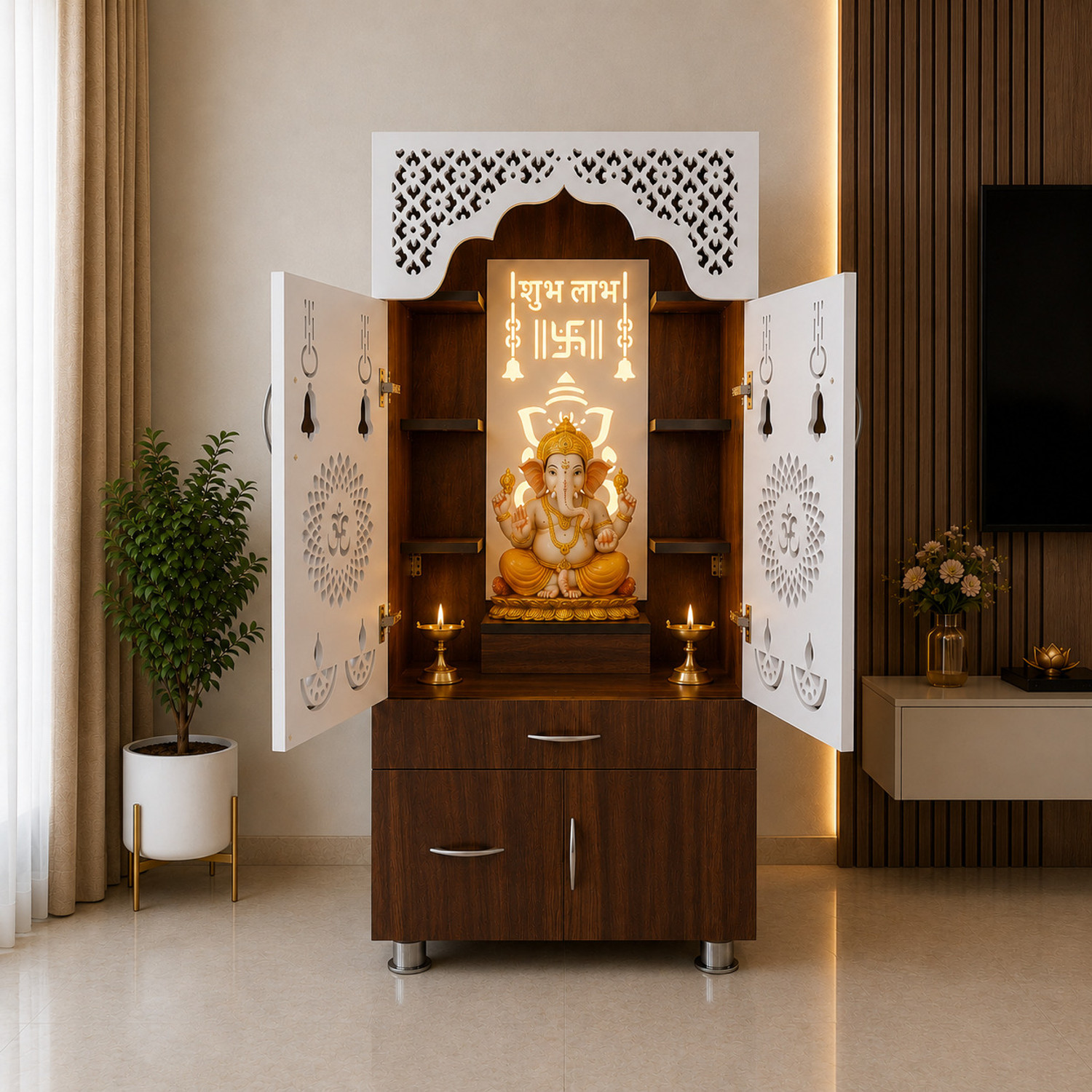 Image of The Wooden Factory Dark Brown Pooja Mandir with drawer, cabinet & led light | designer pooja mandir Engineered Wood Home Temple
