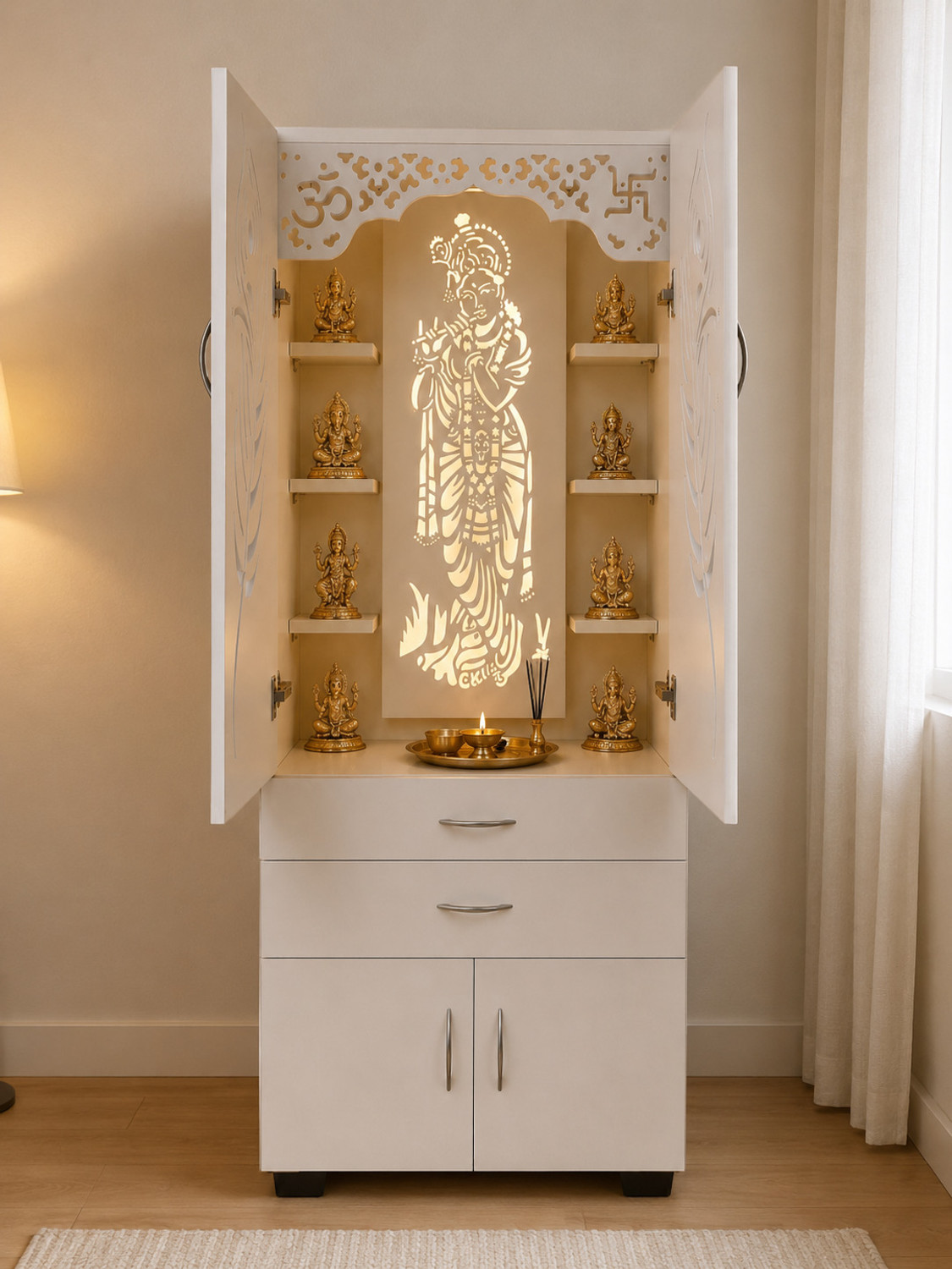 Image of De Craftinia Homes Krishna Design Pooja Mandir with Light, Pooja Tray & Drawer Storage Cabinet Engineered Wood Home Temple (Height: 143, Pre-assembled)