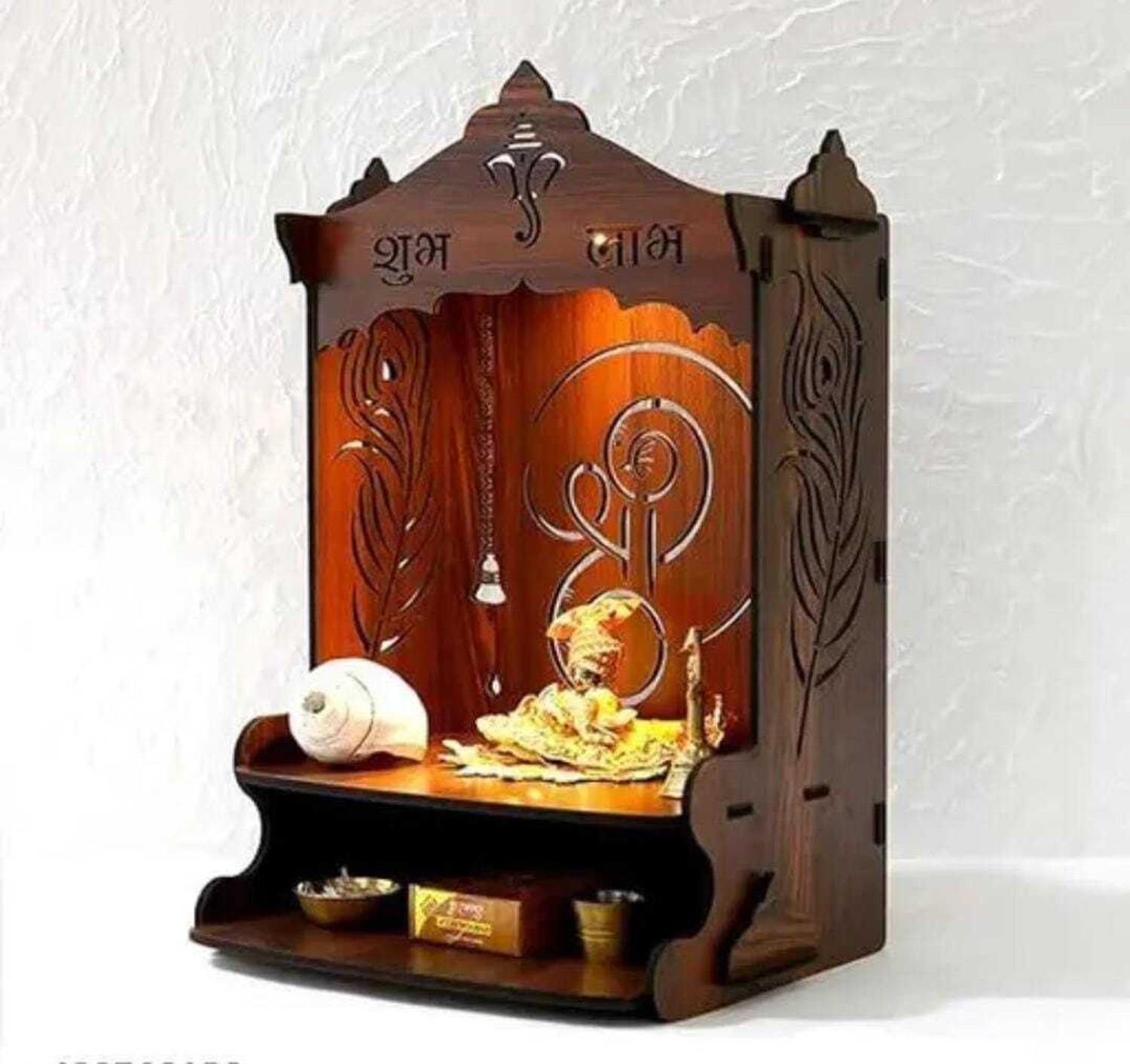 Image of The Laptev Wooden Pooja Mandir with Om Carving Engineered Wood Home Temple