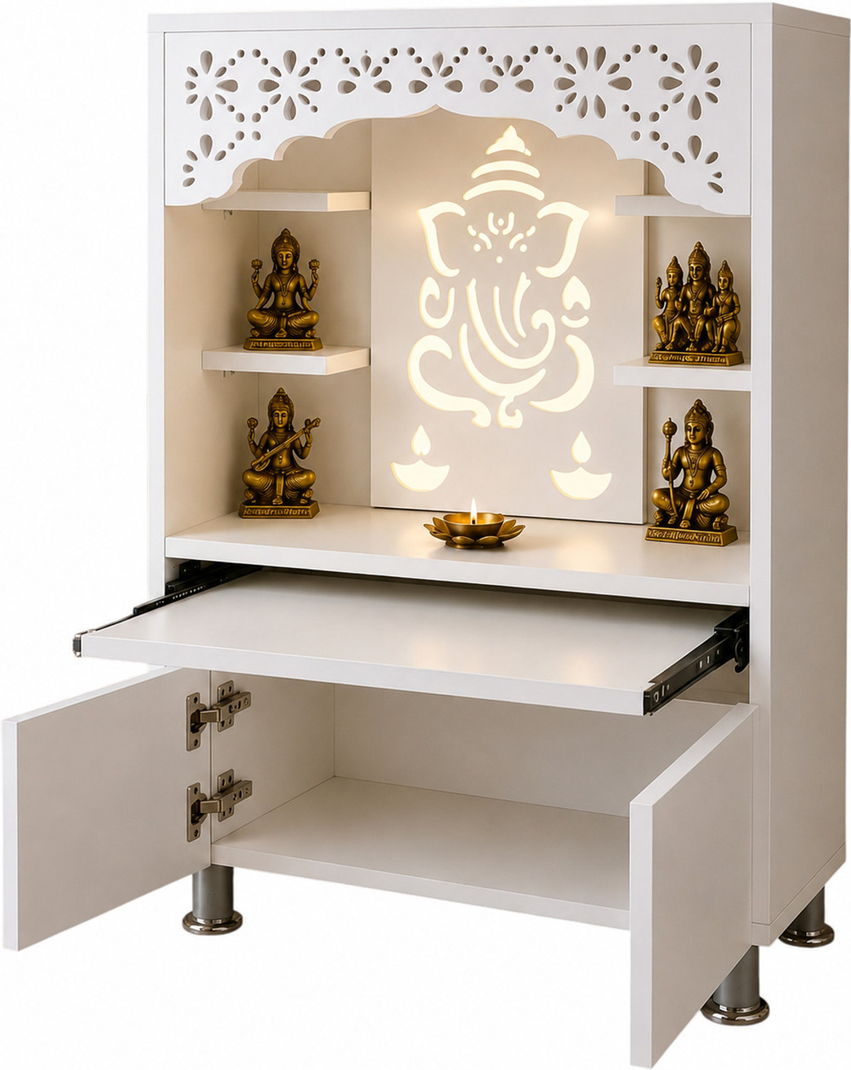 Image of The Wooden Factory White Mandir LED Backlit Ganesha Design storage Cabinet & Pull-Out Prayer Tray Engineered Wood Home Temple